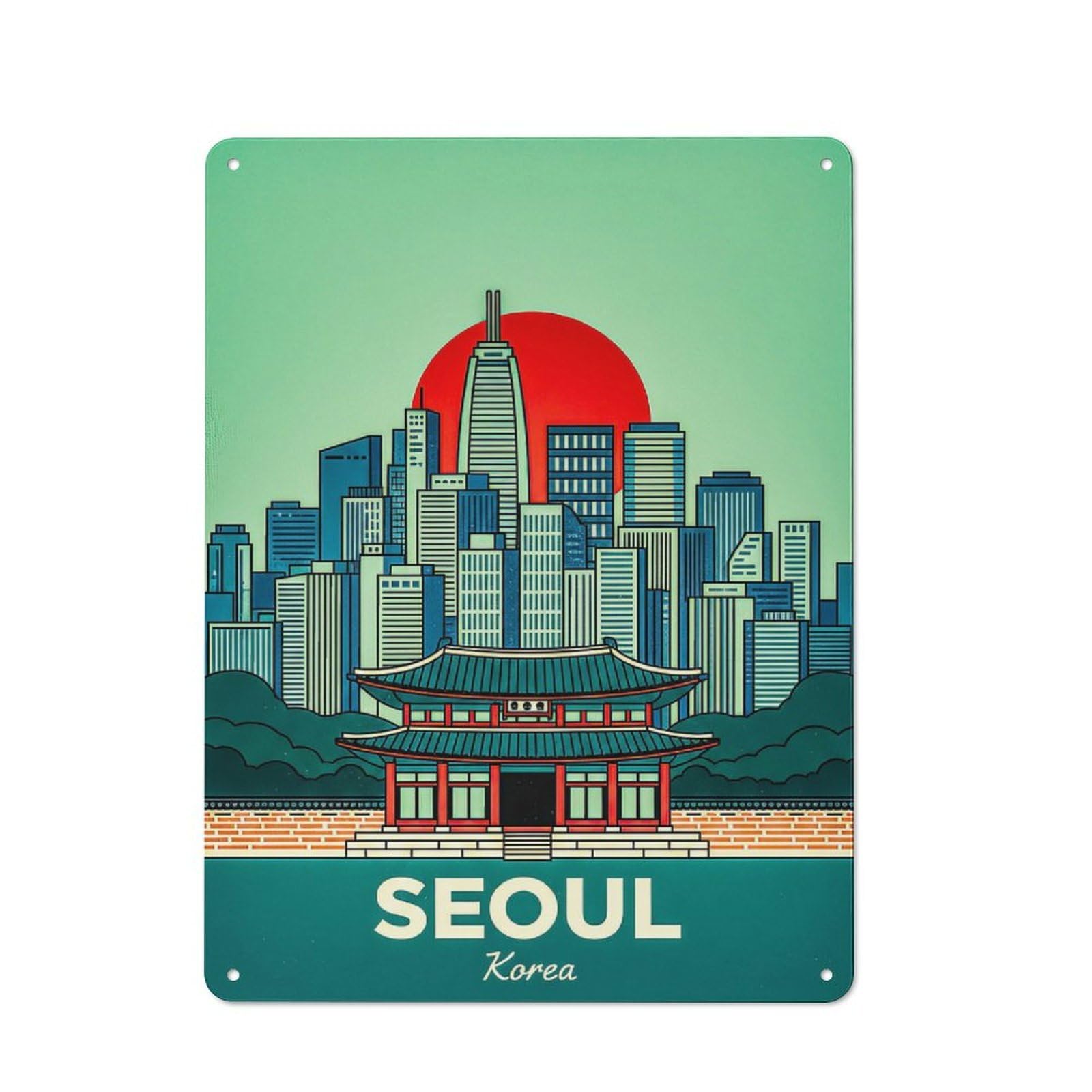 Junmoney Style-14 Seoul Korea Skyline With Traditional Building Rustic Tin Wall Plaque 40X30cm For Hobby Room Or Studio, A Christmas Gift For People Styling Hobby Room And Studio