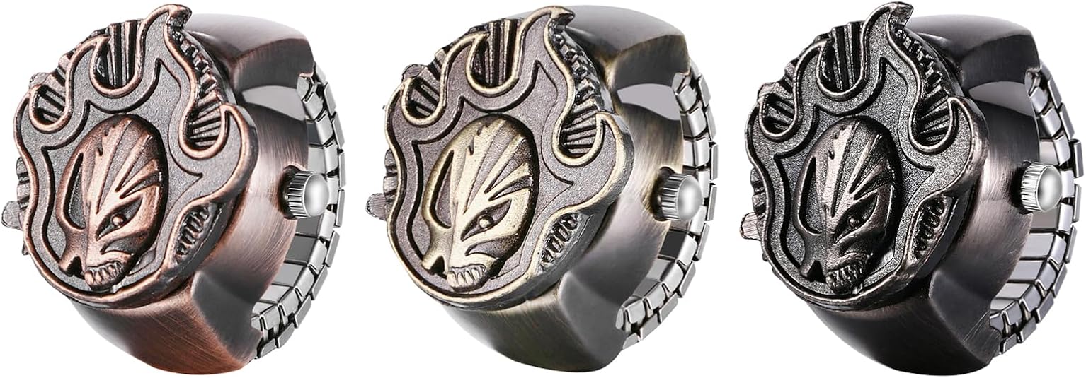 JewelryWe Men Women Finger Watch Punk Skull Flip-Open Cover Quartz Analog Ring Watches, Adjustable Size, for Valentine's Day