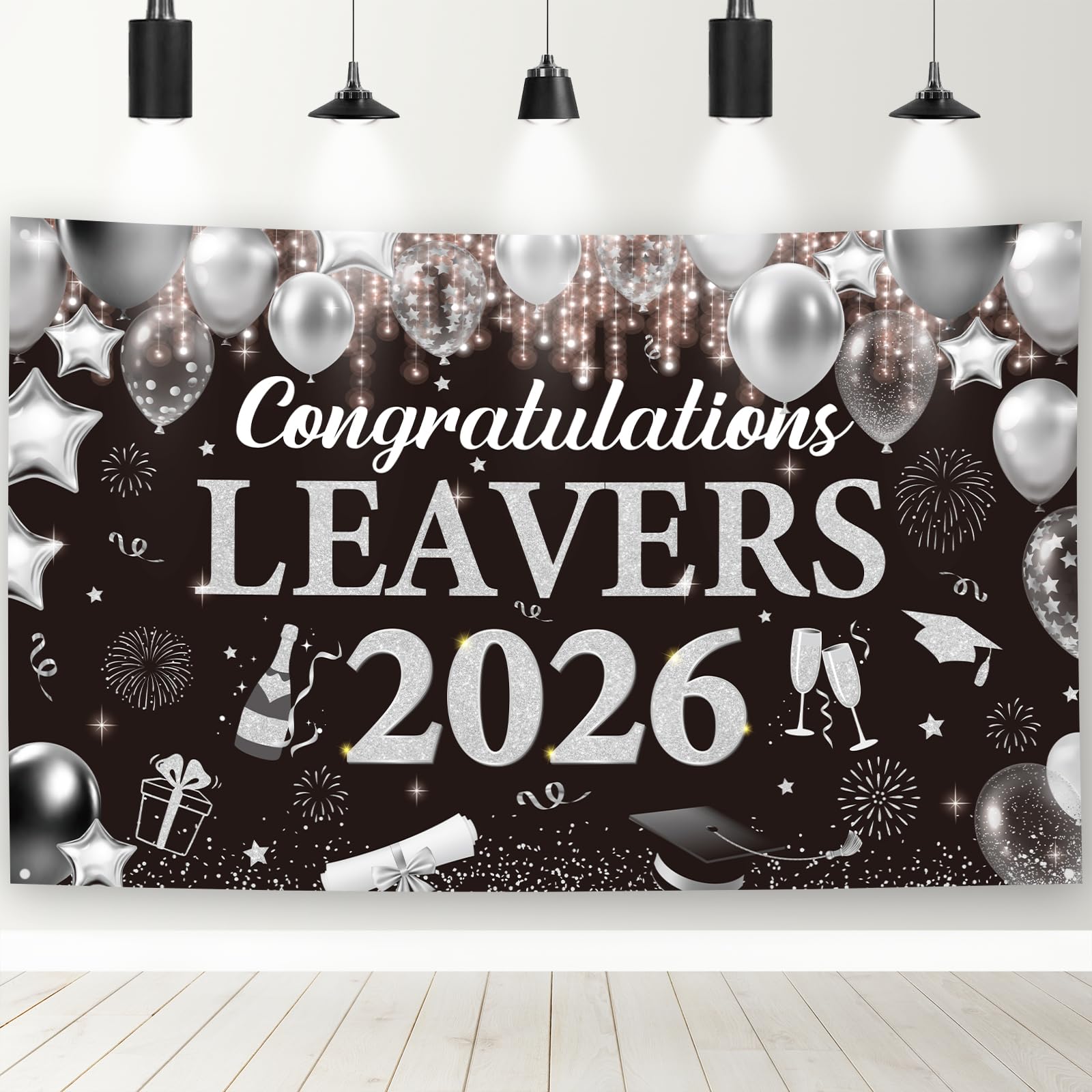 JoyAura Graduation Banner Backdrop, 180 * 110cm Black Silver Congratulations Leavers 2026 Banner, Class of 2026 Prom Party Decor Supplies Photo Background