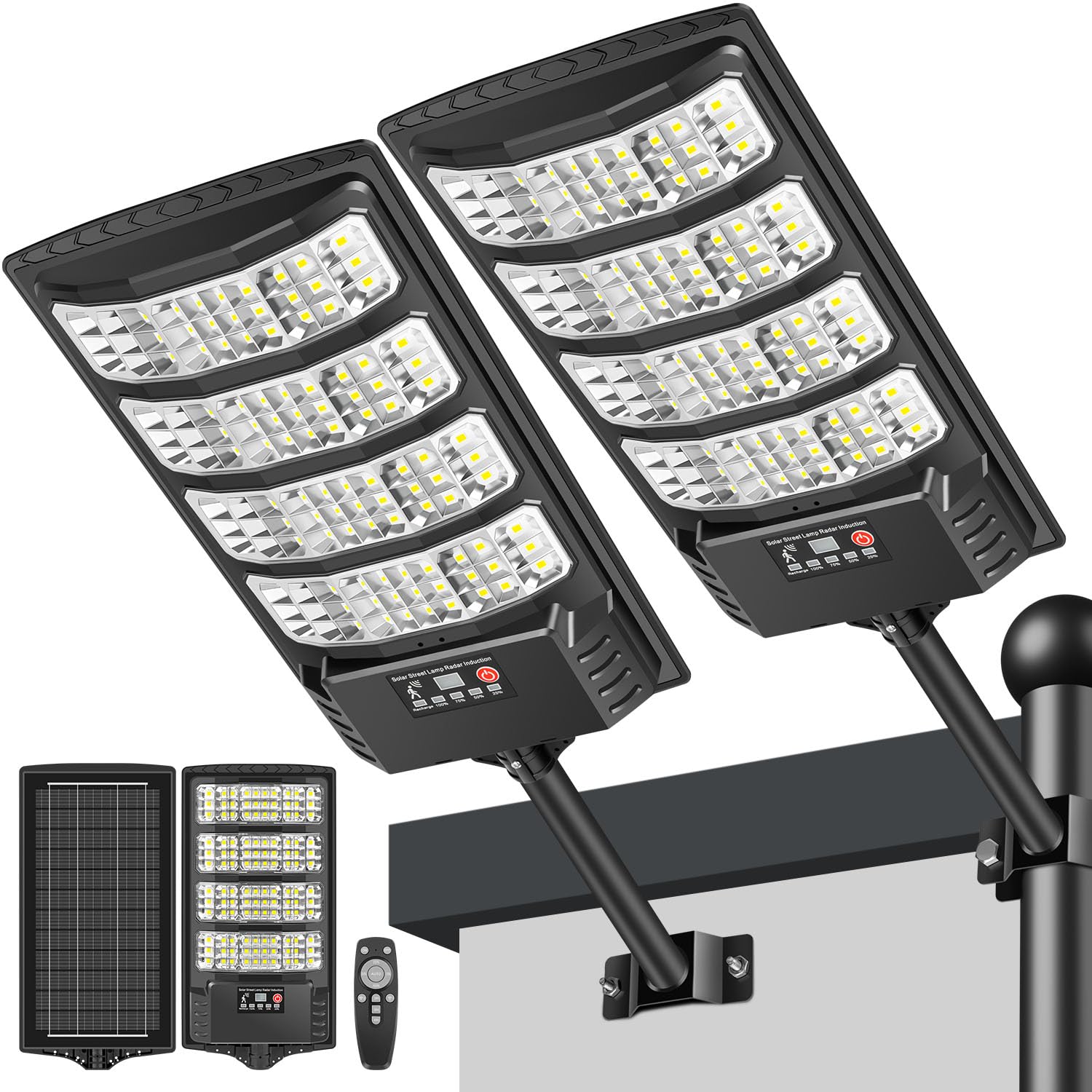 LEKIA Lampione Solare LED Esterno, 6500K Luce Solari da Esterni dal Tramonto All'alba con Sensore di Movimento e Telecomando, Lampada Solare IP66 Impermeabili Faro Stradale con per Giardino, 2 Pezzi