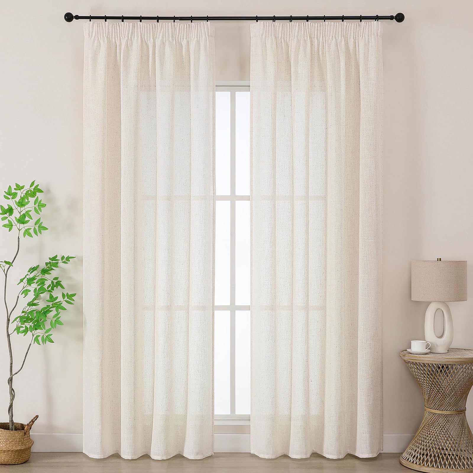 Joydeco Oatmeal Linen Blend Voile Curtain Panels for Ceiling Track W55 x L96 Inch Drop 2 Panels, Semi Transparent Light Filtering Pencil Pleat Sheer Curtains for Bedroom Nursery Room Patio Door