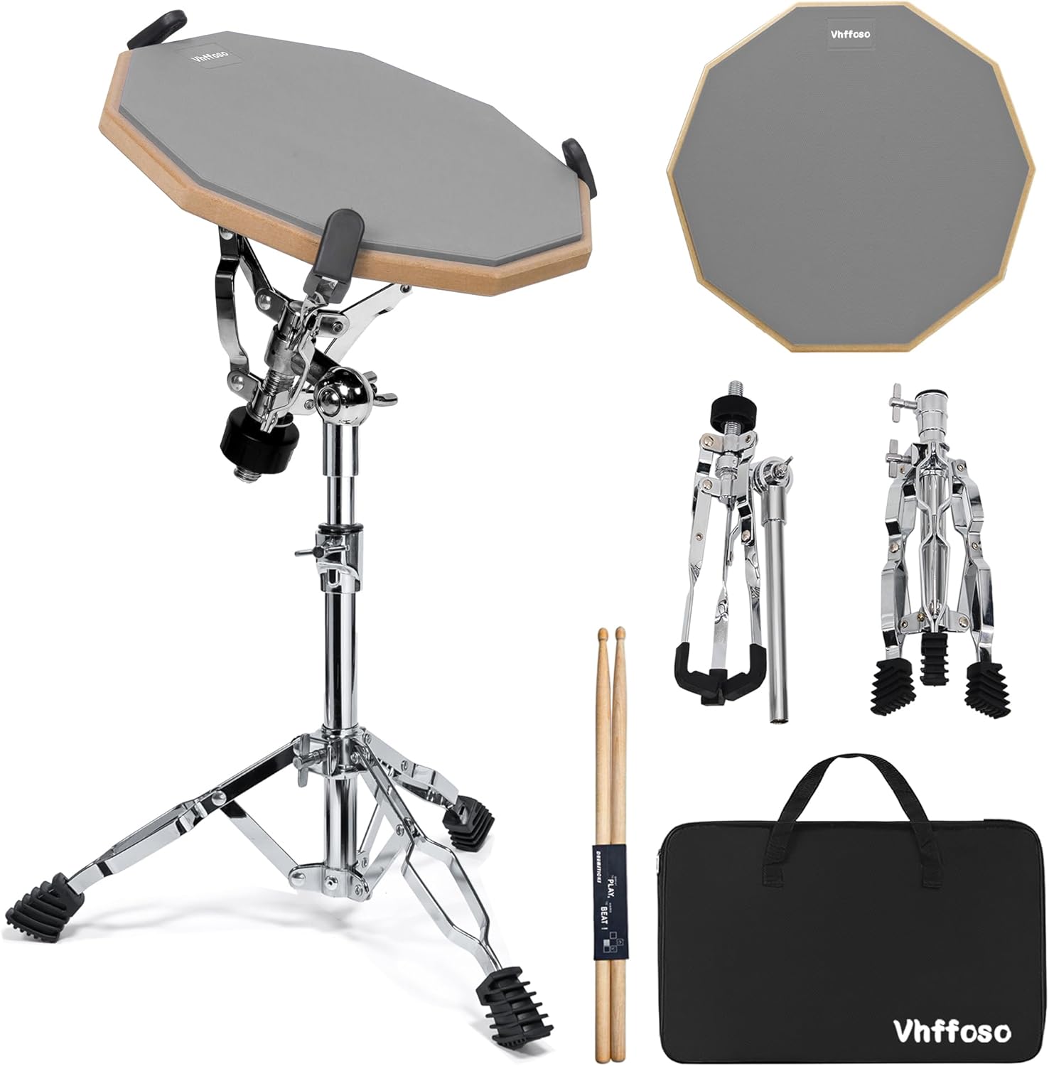 12 Inch Practice Drum Pad with Snare Drum Stand and Drum Stick, Beginner Snare Drum Pad with Drumsticks(one pair) and Carrying Bag, Double Sided Silent DrumPad (Gray)