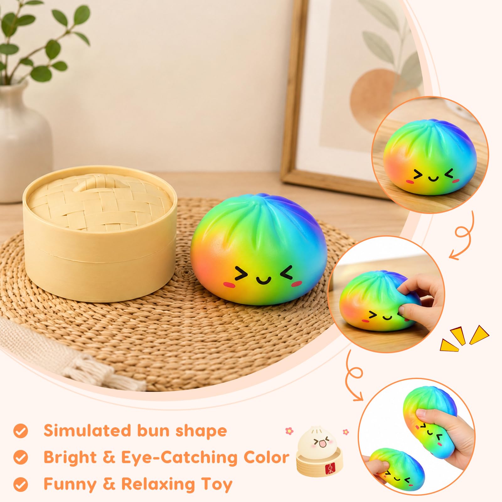 Dumpling Squishy con Vaporiera 9,5 cm, Glitter Squishy Dumpling Mystery, Giocattolo Anti-Stress, Slow Rising Bao Bun Balla Antistress per Bambini e Adulti (Rainbow)