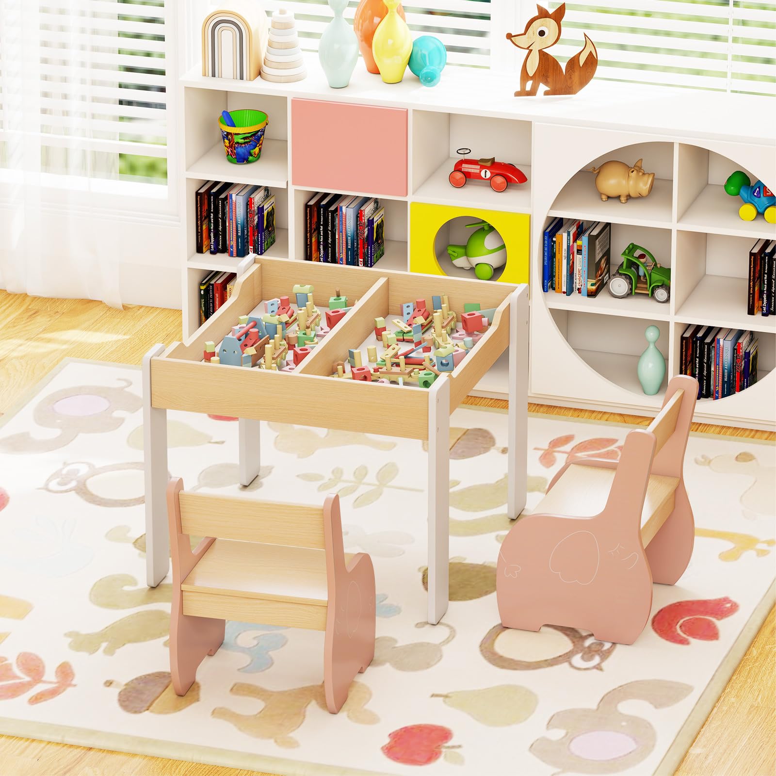 COSTWAY 3 in 1 Set Tavolo e Sedie per Bambini, Tavolo da Attività per Bambini con 2 Sedie, Lavagna Rimovibile e Deposito, per Giocare, Disegnare e Leggere, in Legno (Rosa)