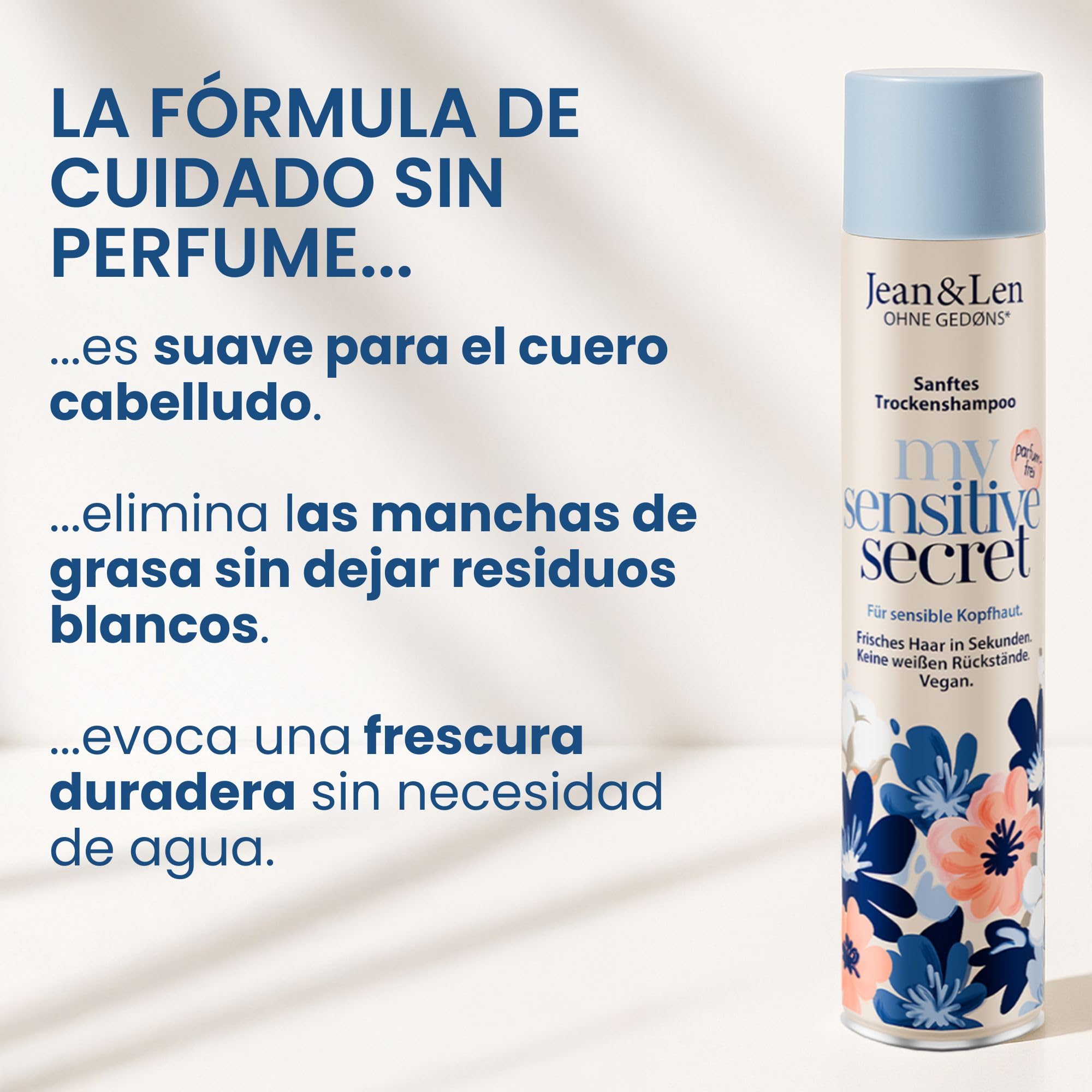 Jean & Len champú en seco my sensitive secret, para cuero cabelludo sensible, con extracto de algodón y pantenol, ayuda con las raíces grasas, sin restos blancos, sin perfume, 200 ml