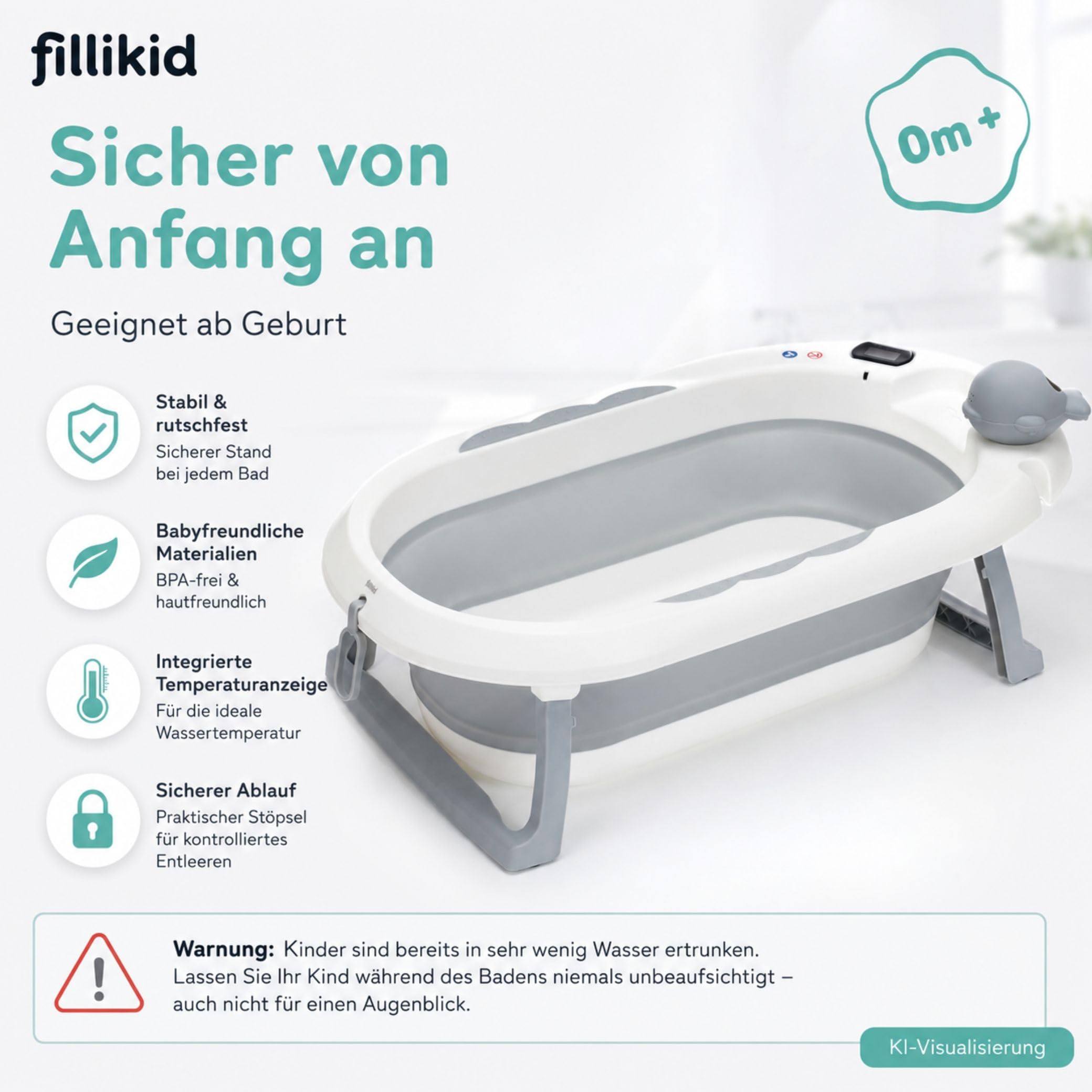 Fillikid Baby Badewanne, faltbare Badewanne ab Geburt