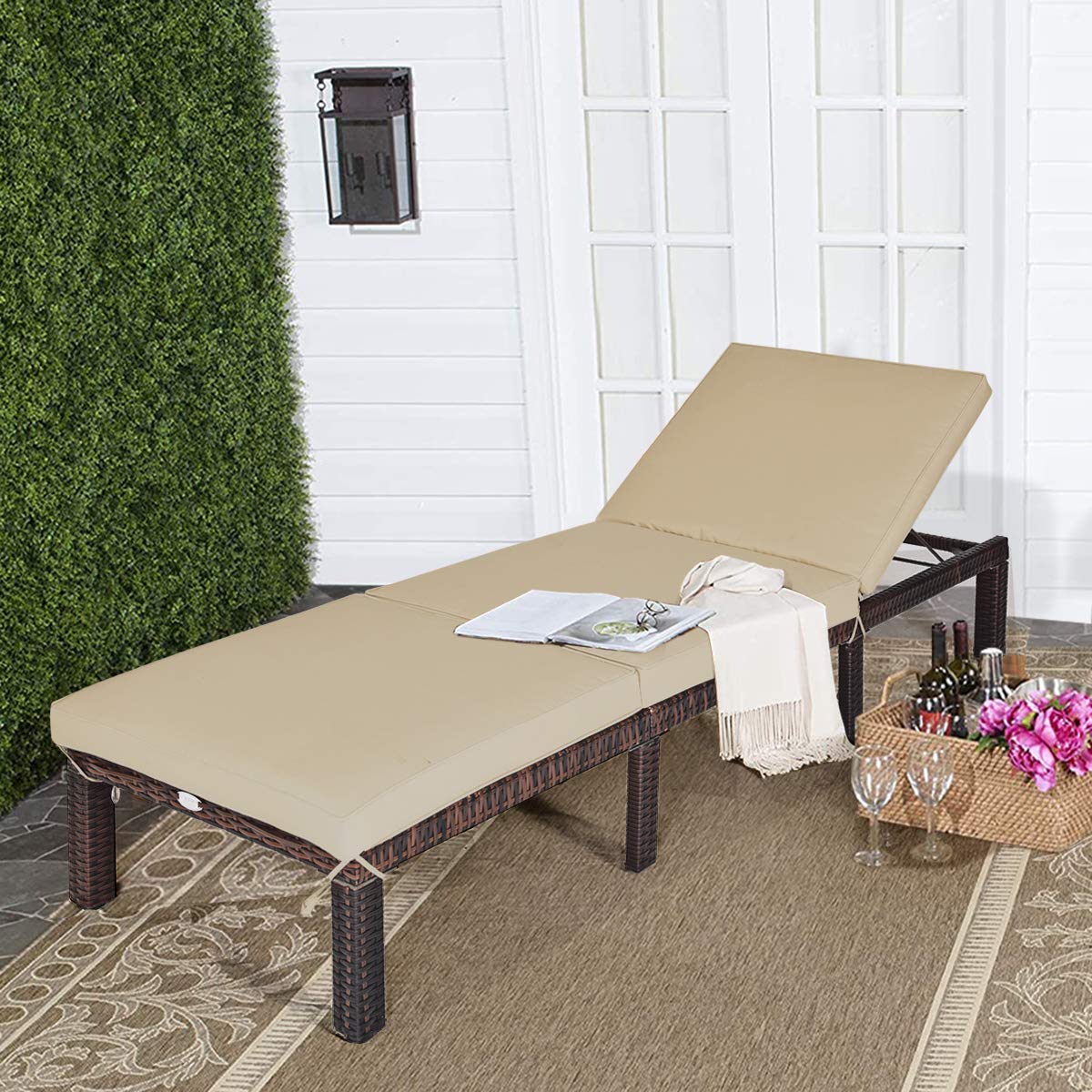costway outdoor rattan lounge chair chaise recliner adjustable cushioned patio