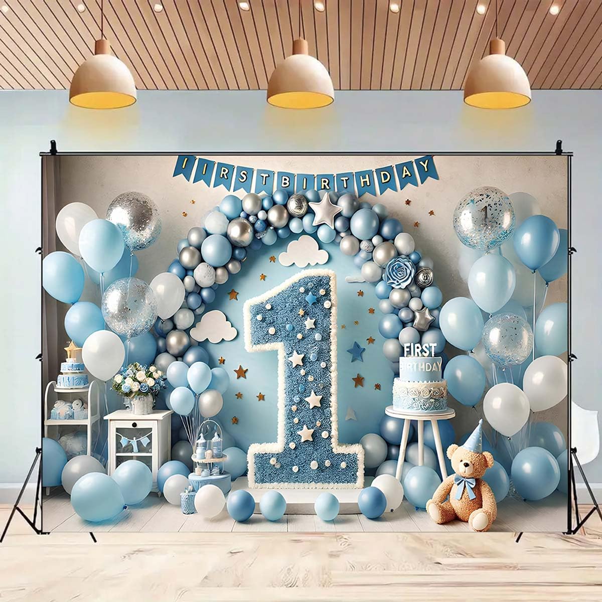 Pancarta de feliz primer cumpleaños con globos de aire caliente para niños de un año de edad, pancartas de pastel para recién nacido, primer cumpleaños (B, 7 x 5 pies)