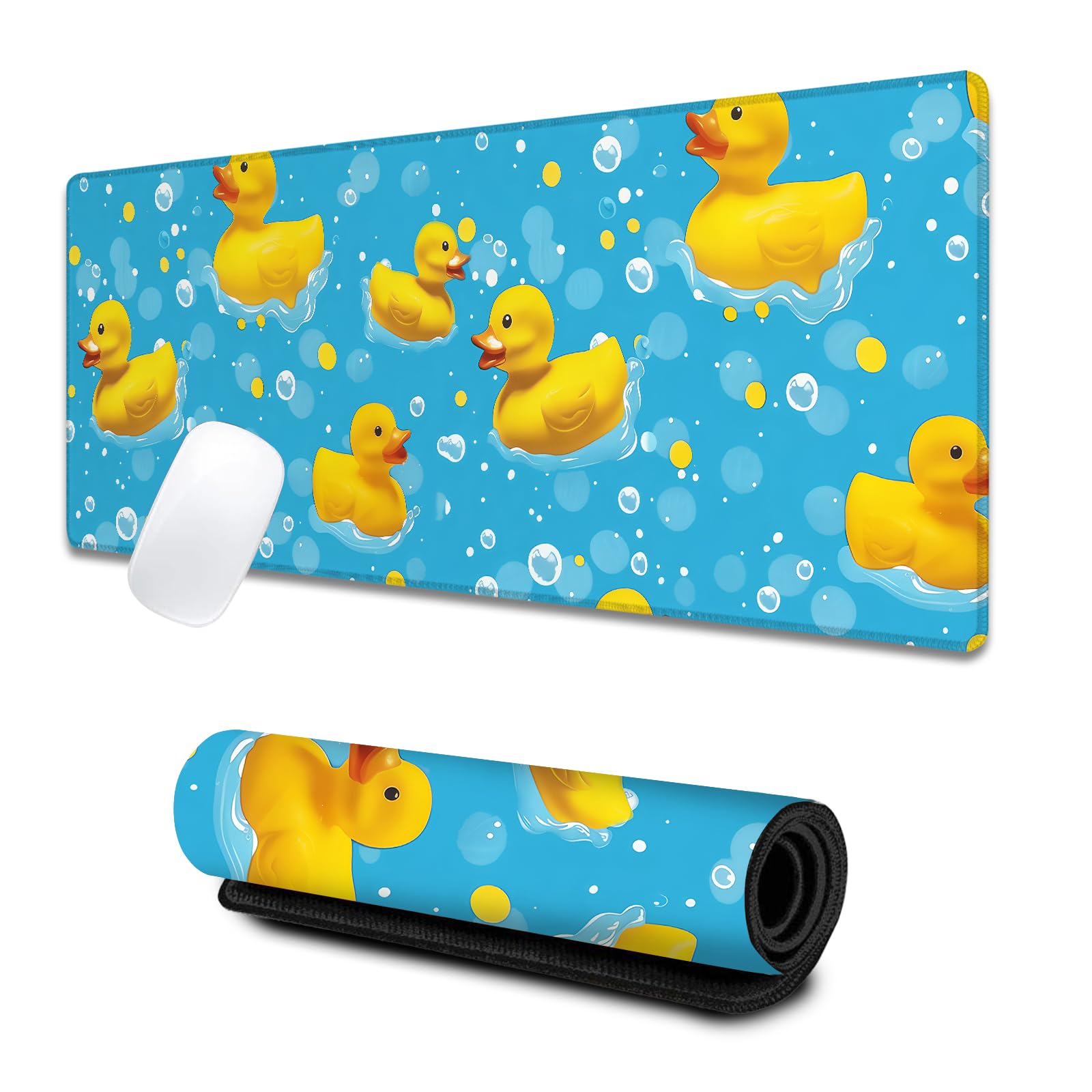 VODRM Rubber Duck Large Gaming Desk Mat,Rubber Non-Slip Fun and Playful Mouse Pad,31.5x11.8x0.12in Extended Cute Cartoon Blue Mousepad,Game Lover Mice
