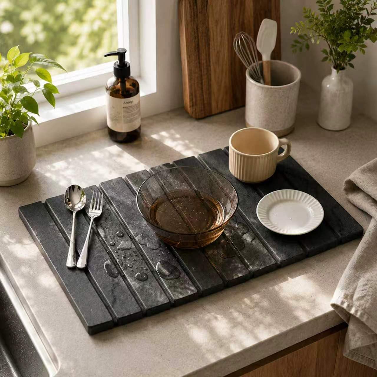 Large Stone Dish Drying Mat for Kitchen Counter, Foldable Diatomaceous Earth Dish Drying Mat, Quick Dry & Super Absorbent Stone Drying Pad for Dishes, Bottles, Cups & Utensils-16*12in