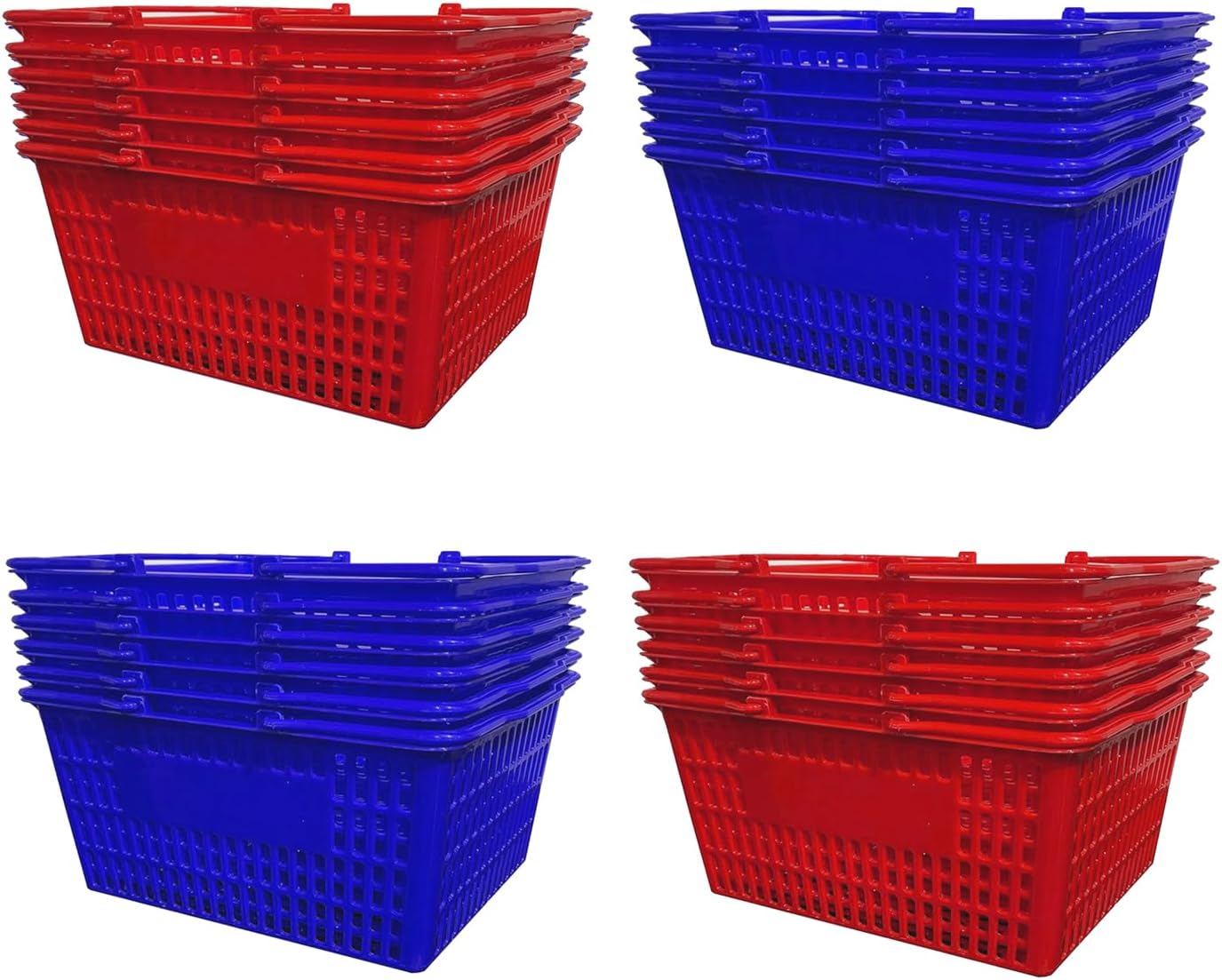 Stackable Plastic Shopping Baskets, Red and Blue, Easy-Grip Handles for Grocery, Retail, Liquor Stores, Home Use (2-pack, Blue)