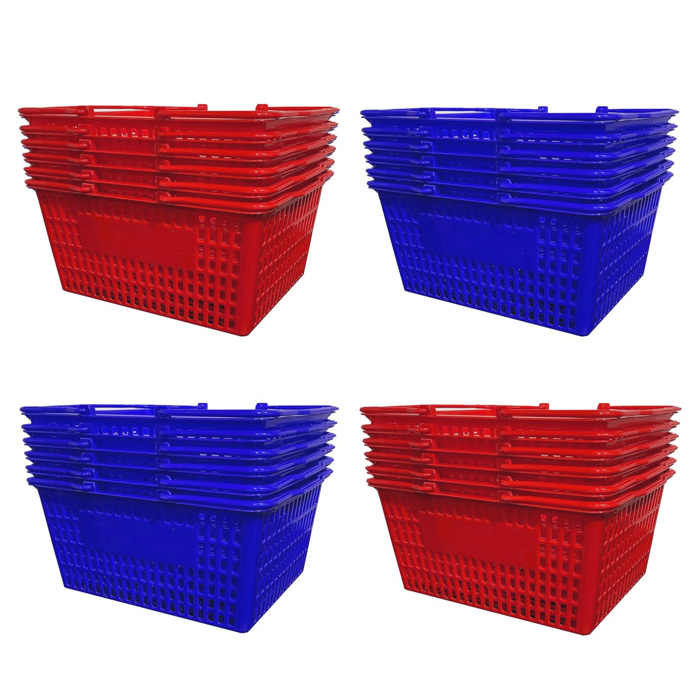 Cesti per la spesa impilabili in plastica, rosso e blu, manici facili da impugnare, per generi alimentari, vendita al dettaglio, negozi di liquori, uso domestico (confezione da 24, rosso e blu
