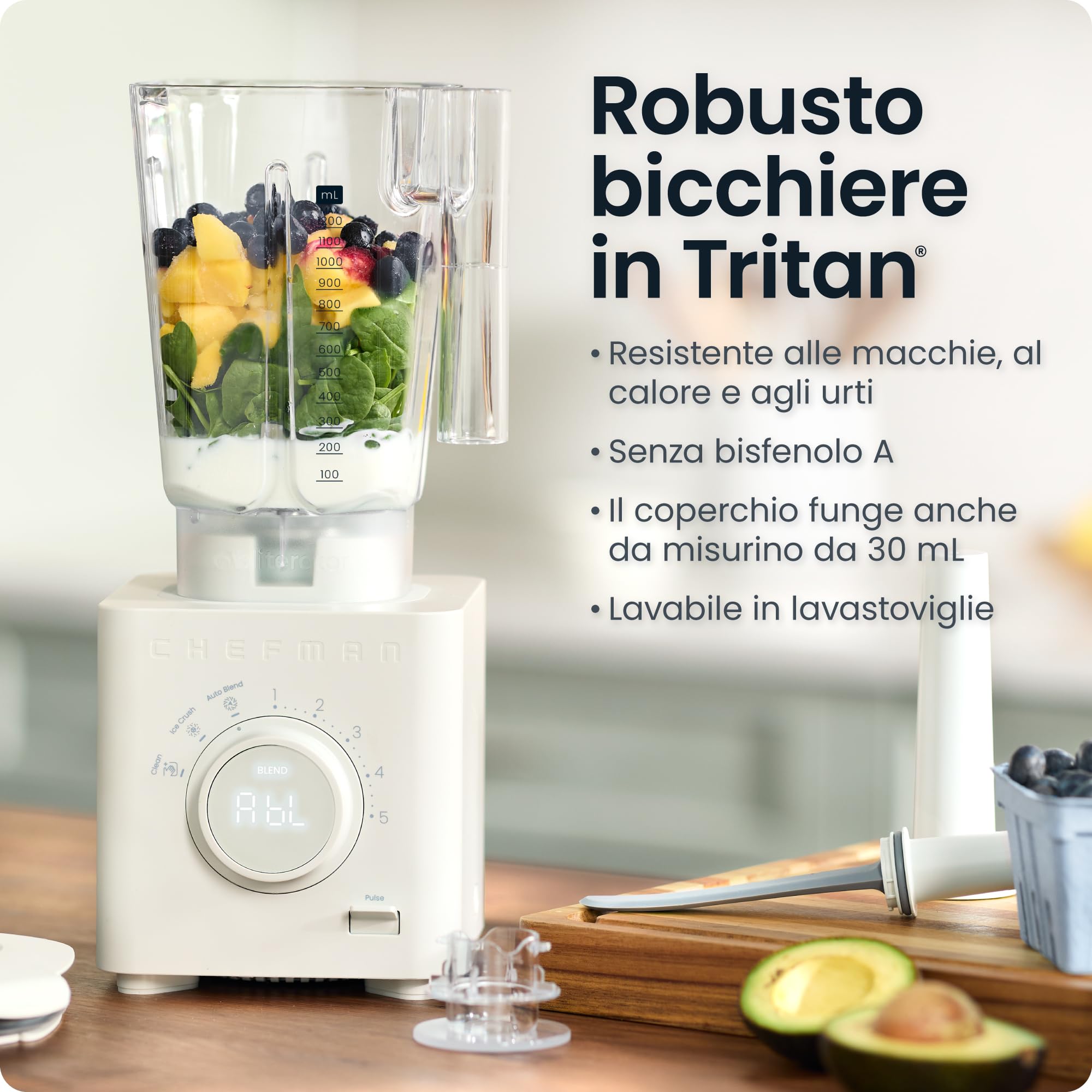 Chefman Obliterator 1.2L 1350W Frullatore Smoothie, Trita Ghiaccio, Noci e Frutta Congelata, Lama in Acciaio Inox, Funzione Auto Mix, Con Barattolo da Viaggio da 600ml – Grigio Cemento