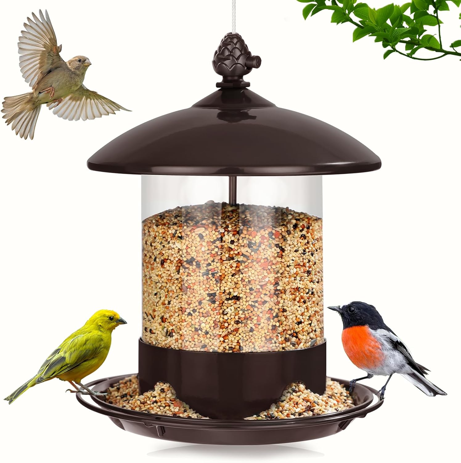Gbekery Metal Bird Feeders for Outdoors Hanging, Weather Resistant Wild Bird Feeder with 360 Degree Feeding Tray, Brown