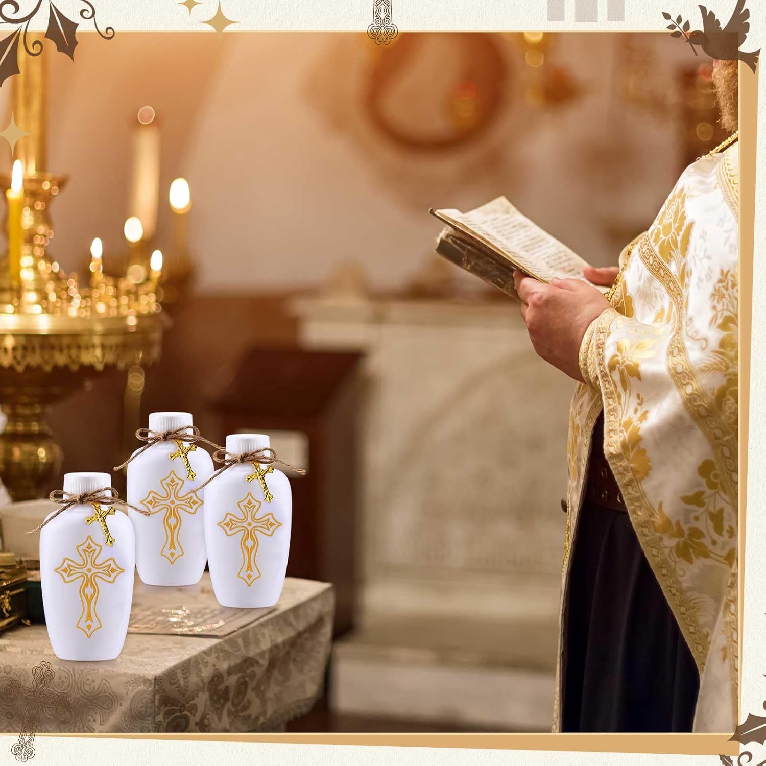 Chuangdi 50 Set Holy Water Bottles Baptism Party Favors 60ml Catholic Holy Water Containers Bow Gold Cross White Plastic Bottle with Organza Bag First Communion Gift for Church Baptism Wedding Party