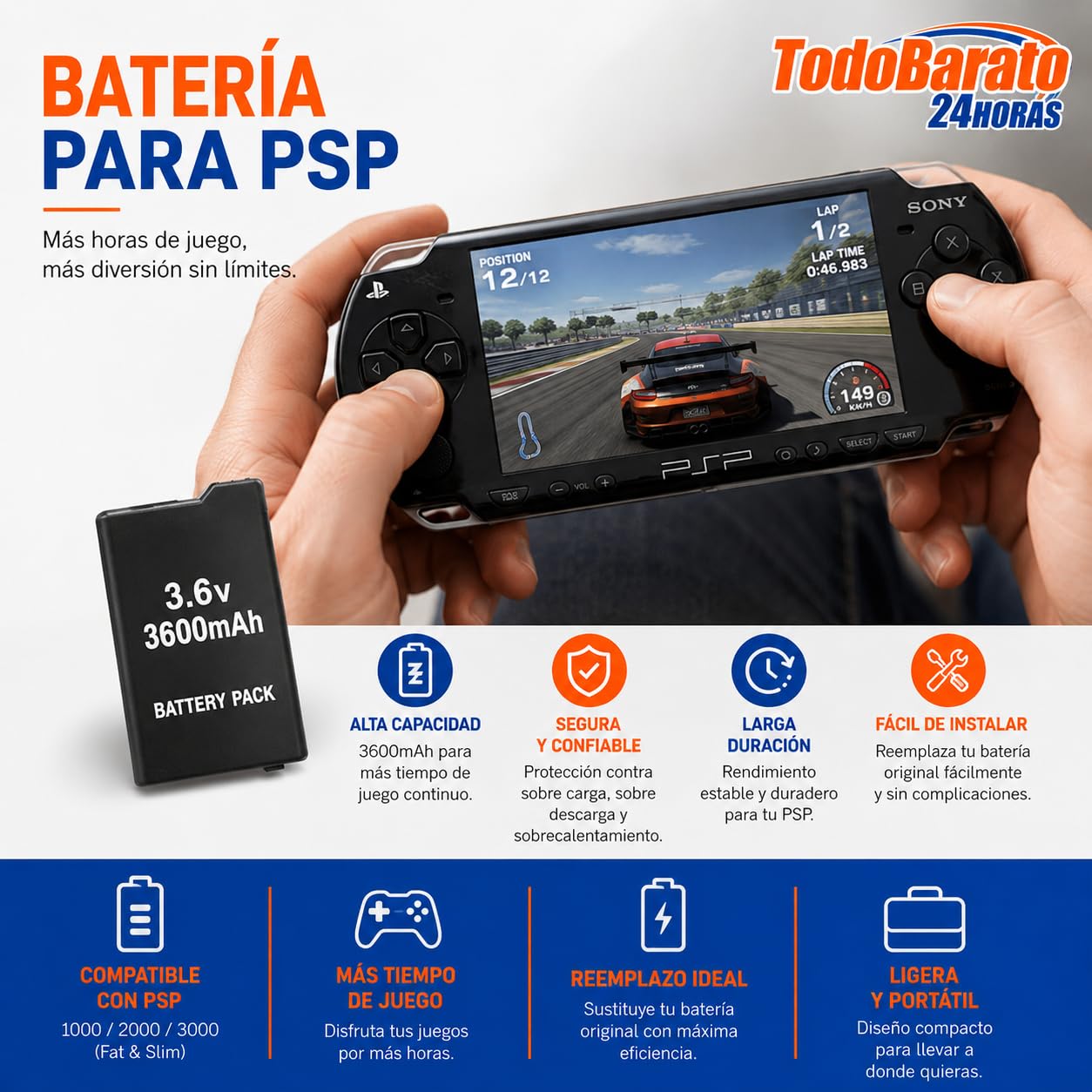 TD24H 2 x Bateria para Sony PSP Slim PSP-2000 / PSP-2004 3600 mAh | PSP Brite (PSP-3000 / PSP-3004) PSP-S110