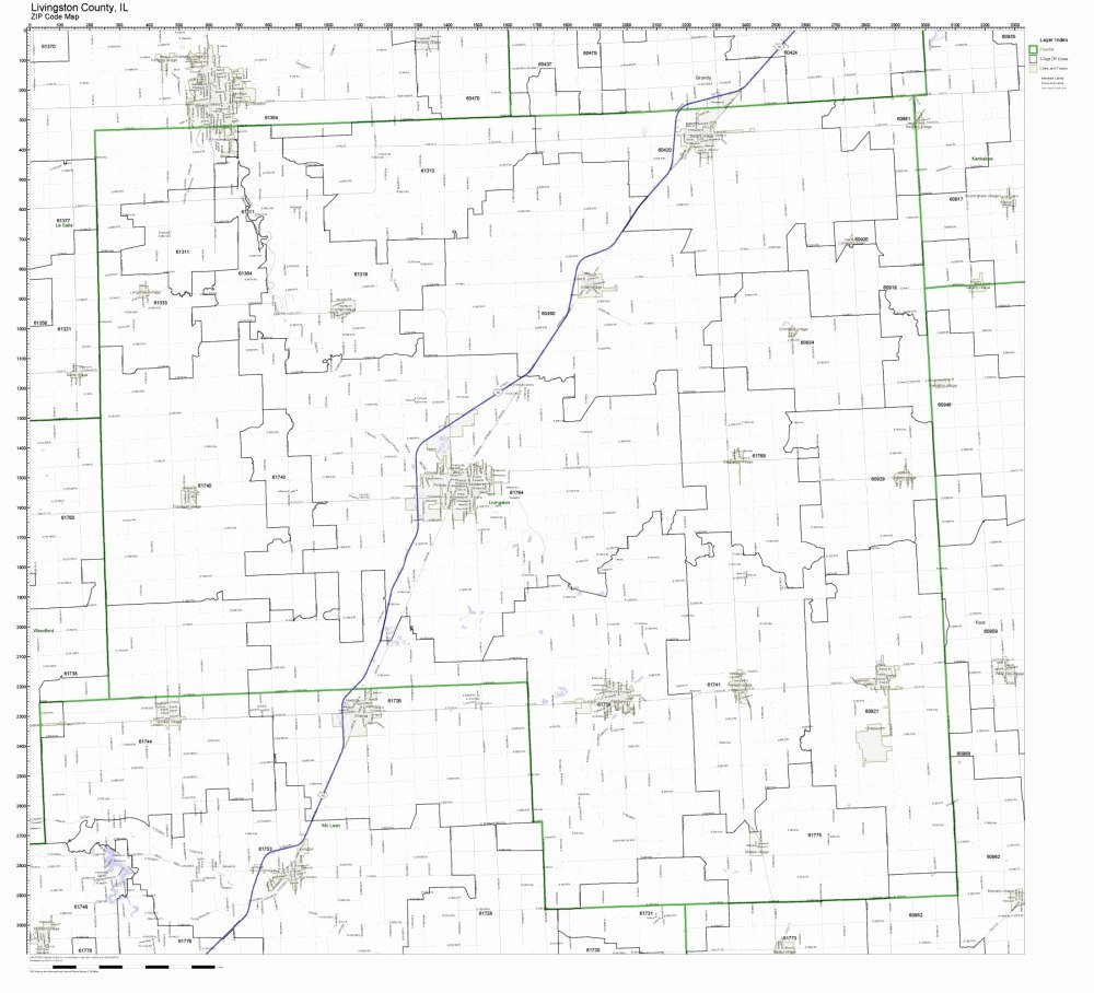Livingston County, Illinois IL ZIP Code Map Not Laminated