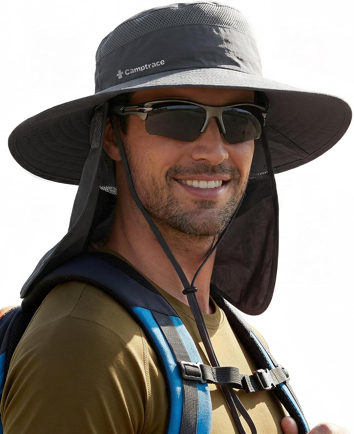 Camptrace Wide Brim Men Sun Hat with Neck Flap UPF Fishing Hiking Gardening | 100% Lightweight Nylon, Foldable & Packable, 360° Mesh Vents, Sweat-Wicking Band, Adjustable Chin Cord for Windy Weather