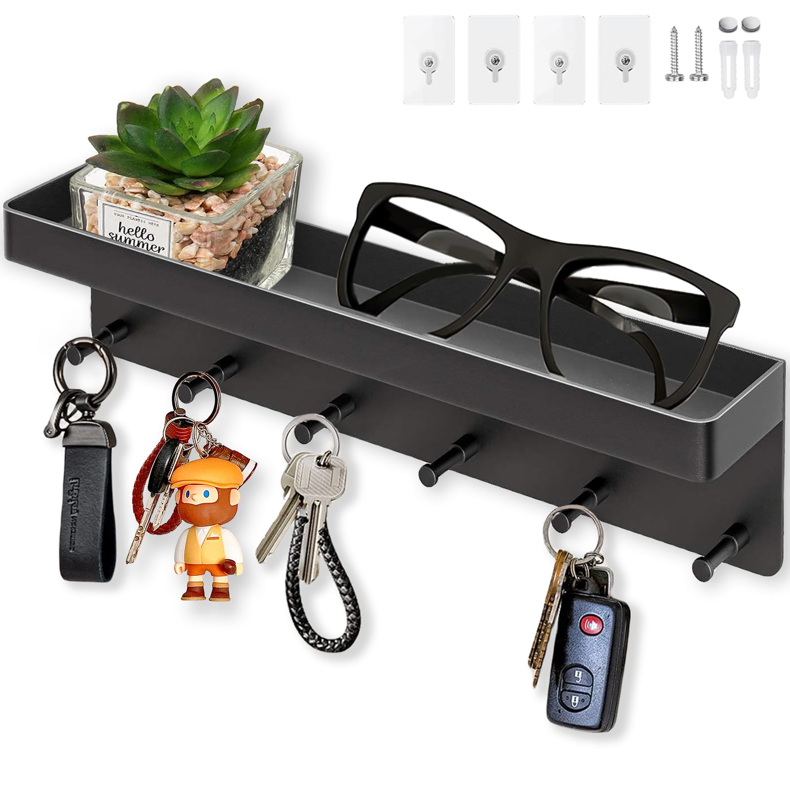 Portachiavi Da Parete Con 6 Ganci - Nero, Con Ripiano, Installazione Adesiva O A Viti, Per Ingresso O Ufficio - Foto 10