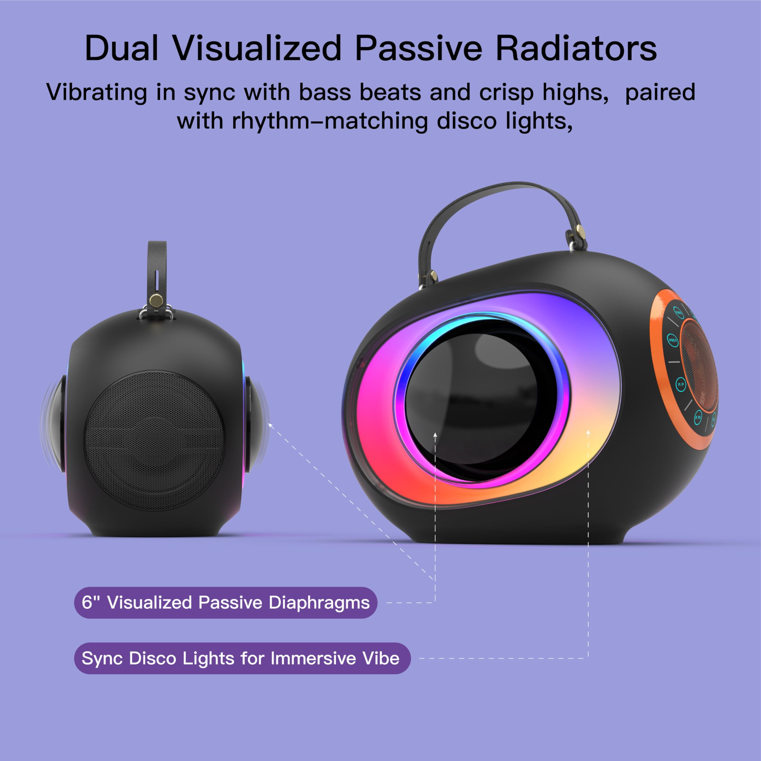 Máquina de karaoke, altavoz Bluetooth con radiadores pasivos visualizados duales, 2 micrófonos y sistema PA y luz de discoteca, bajos/agudos/eco, soporta TV/TF/USB/AUX/Live para fiestas en casa, al