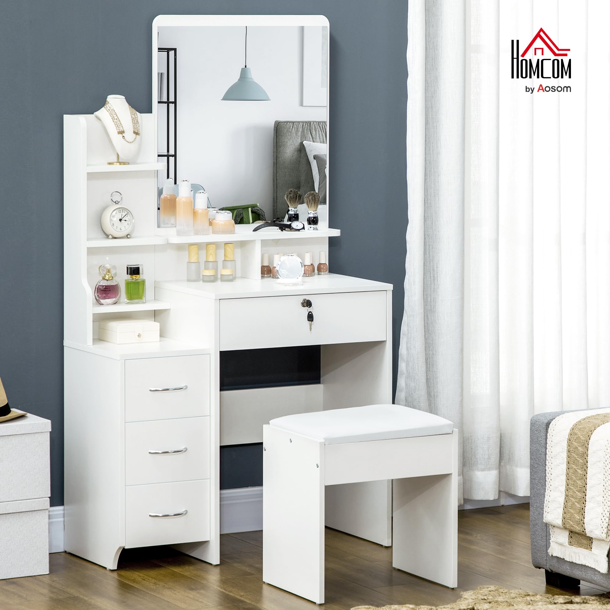 HOMCOM Ensemble de Coiffeuse Grand Miroir Tabouret Rembourré Blanc | Table de Maquillage, Plusieurs Étagères Ouvertes, 4 Tiroirs