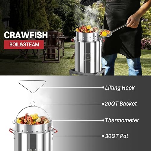 Miniatura 6 de Freidora al Aire Libre de 30QT y 10QT Freidora de Pavo Olla para Hervir Mariscos Incluye Tapa y Escumador Quemador de Propano de 50,000BTU