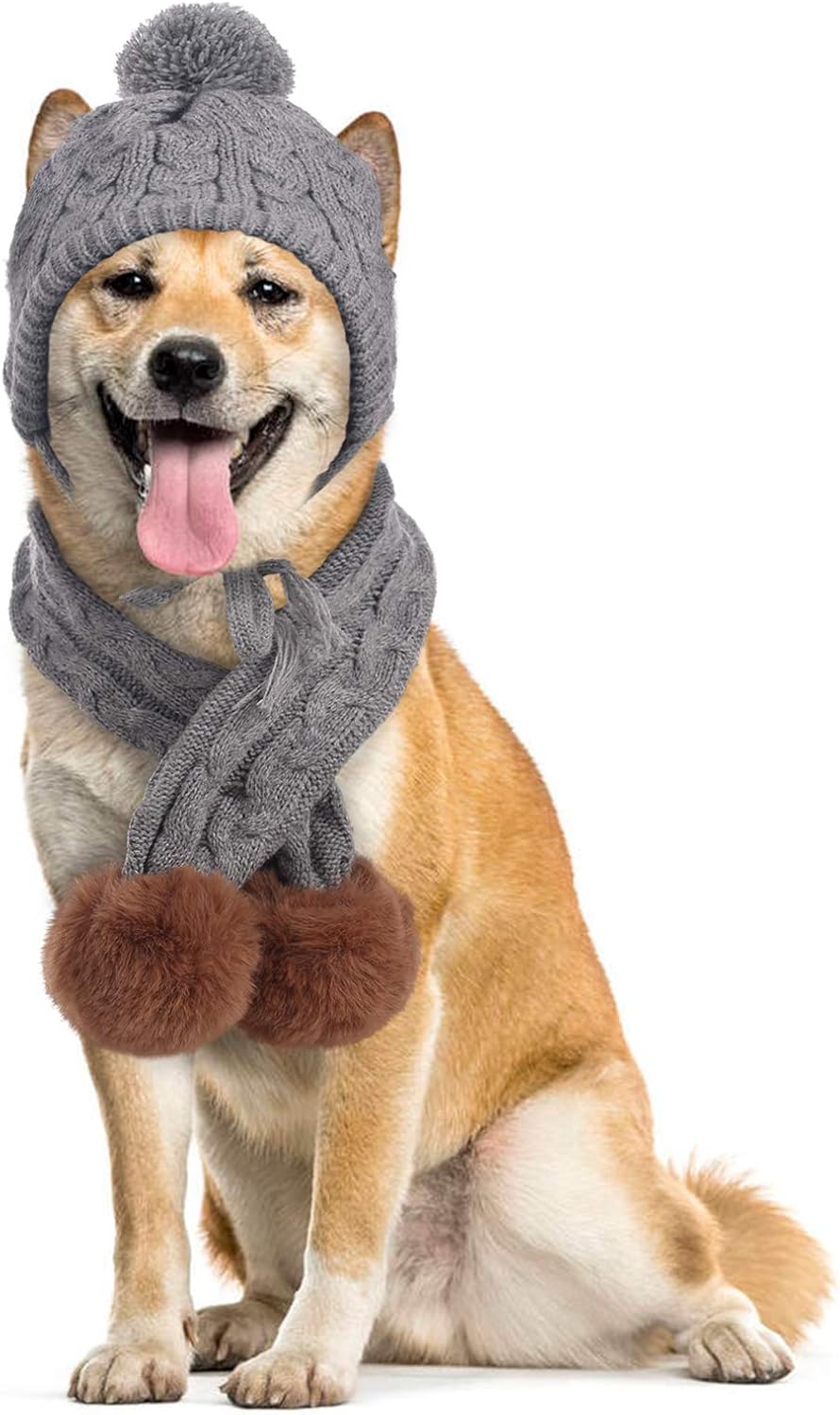 IDOMIK Dog Hat and Scarf Set Warm Knitting Hat with Ear Holes & Pom Pom Pup Scarf for Cold Weather Winter Head Neck Warmer Christmas Cozy Pet Costume Accessorry for cat & Small Medium Sized Dog/Pappy : Pet Supplies