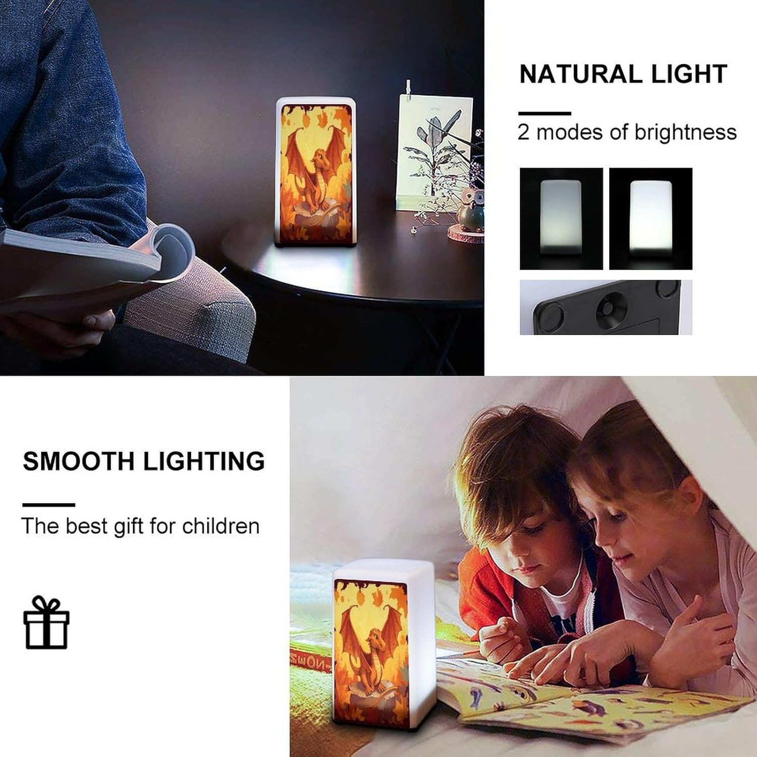 Cordless Night Light Battery Powered Dimmable Lamp for Reading Orange Cartoon Dragon Small Desk Lamp for Bedroom Living Room Office