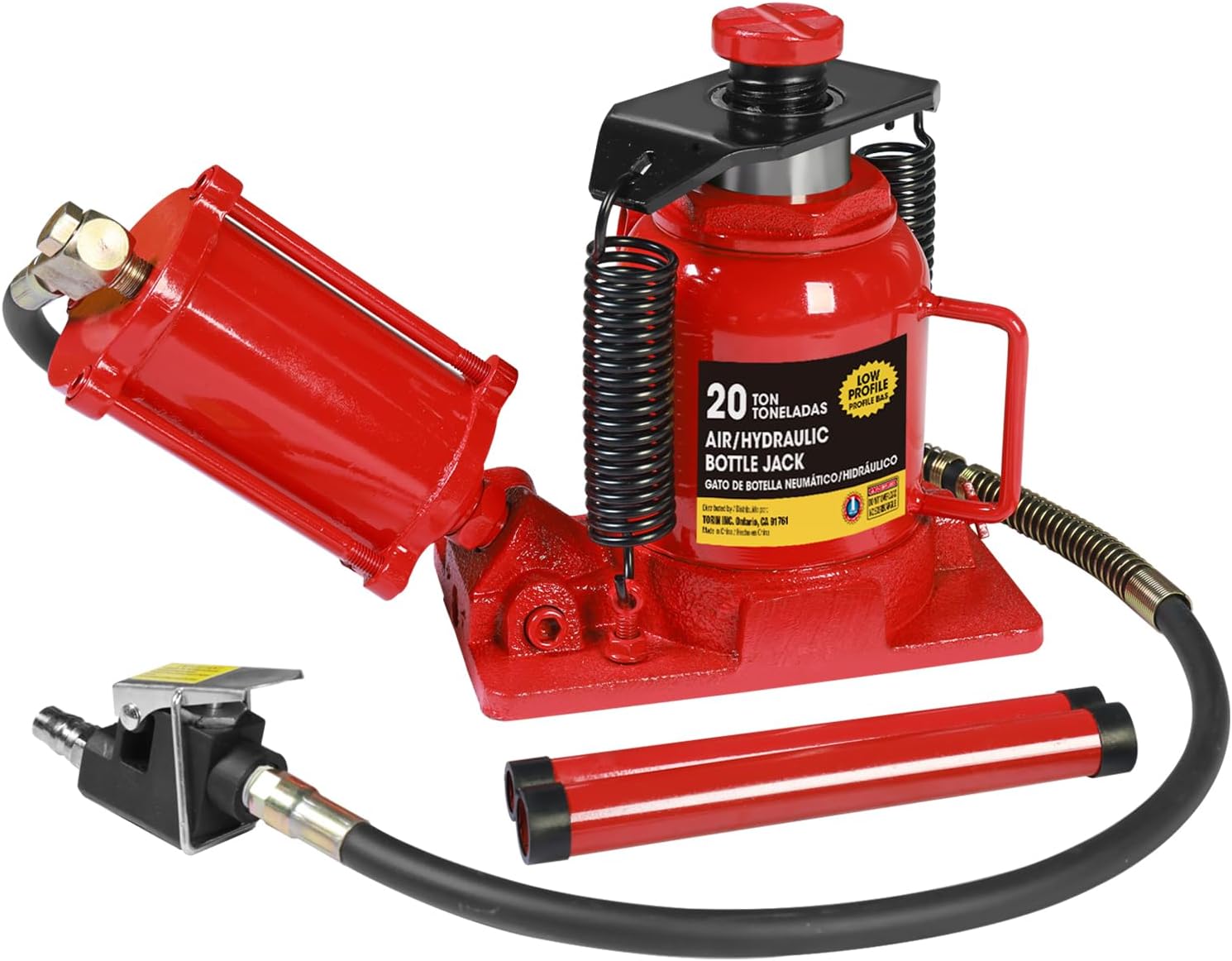 Air Jack, 20 Ton Hydraulic Bottle Jack, Lift Range 7-1/16" to 12-5/8", Low Profile Heavy Duty Jack with Dual-Power Operation, Adjustable Lift Range & Safety Valve - 20 Ton (40,000 LBS)