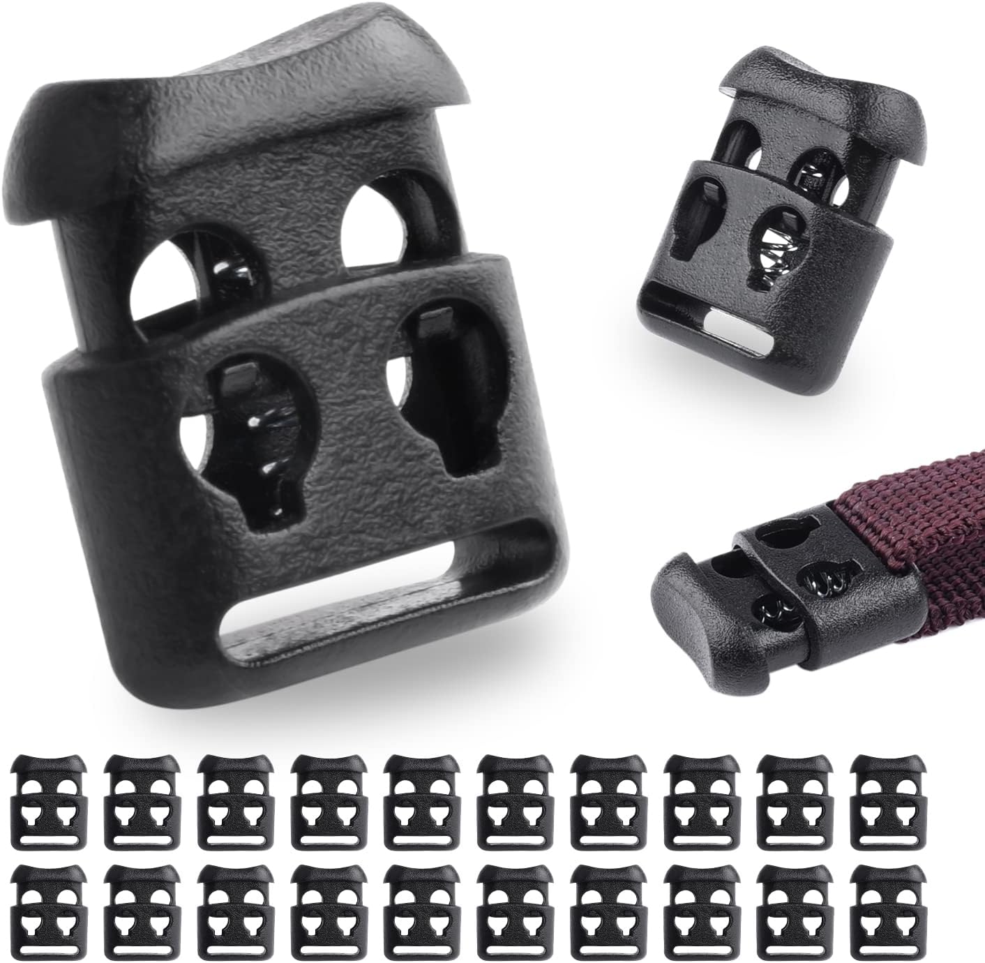CooBigo 20 PCS Plastic Cord Locks for Paracord Drawstring Clip, Double Hole Spring Toggle Cord Stopper Sweatpant Hat Gloves Backpack Hoodie String Lock Elastic Shoelace Lock Fastener