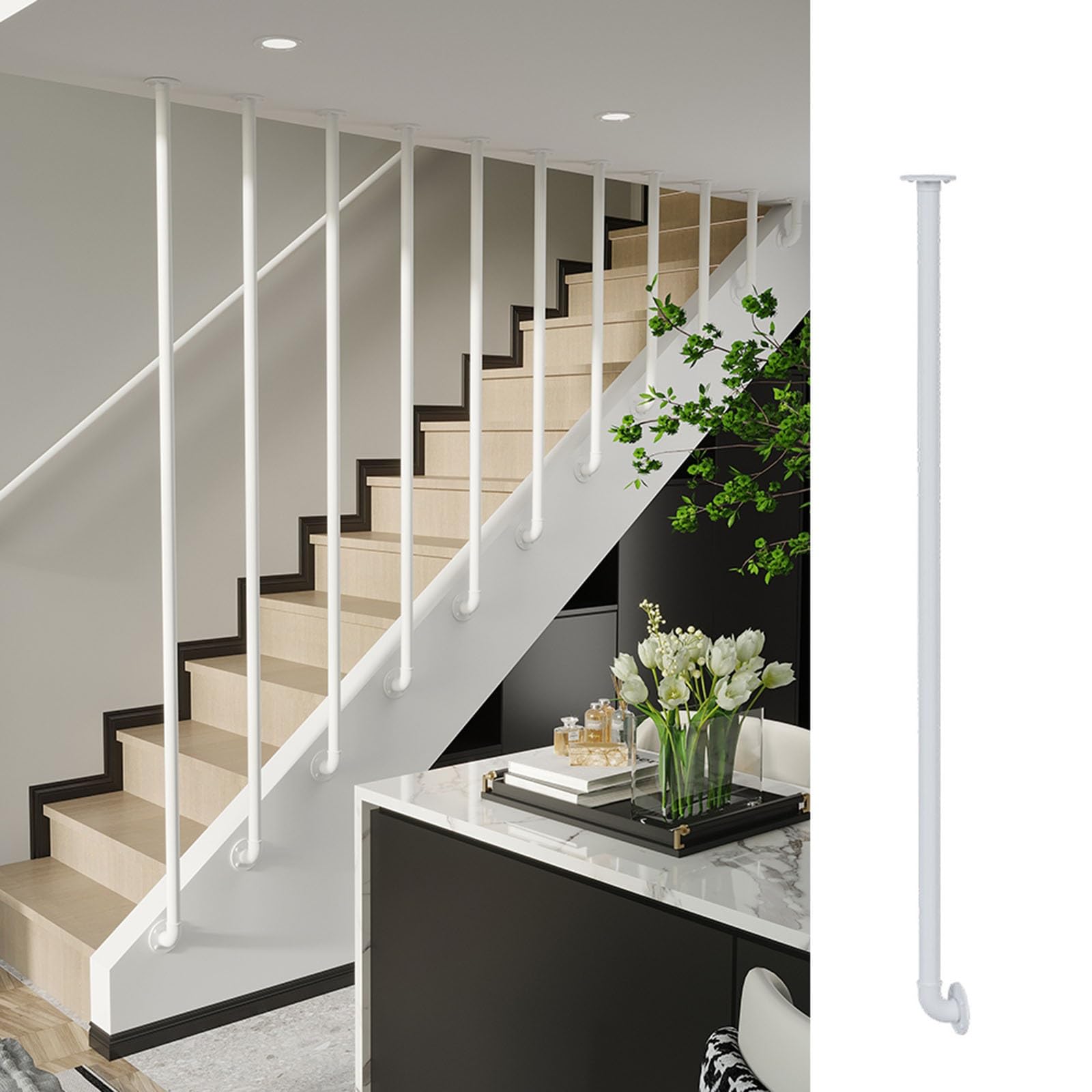 Ringhiera Per Scale Balaustre in metallo per scale interne, Spine di coperta di lunghezza personalizzabile per scale in piano e in pendenza, Decorazione dei gradini delle scale(White,145m/57.1in/4.8ft