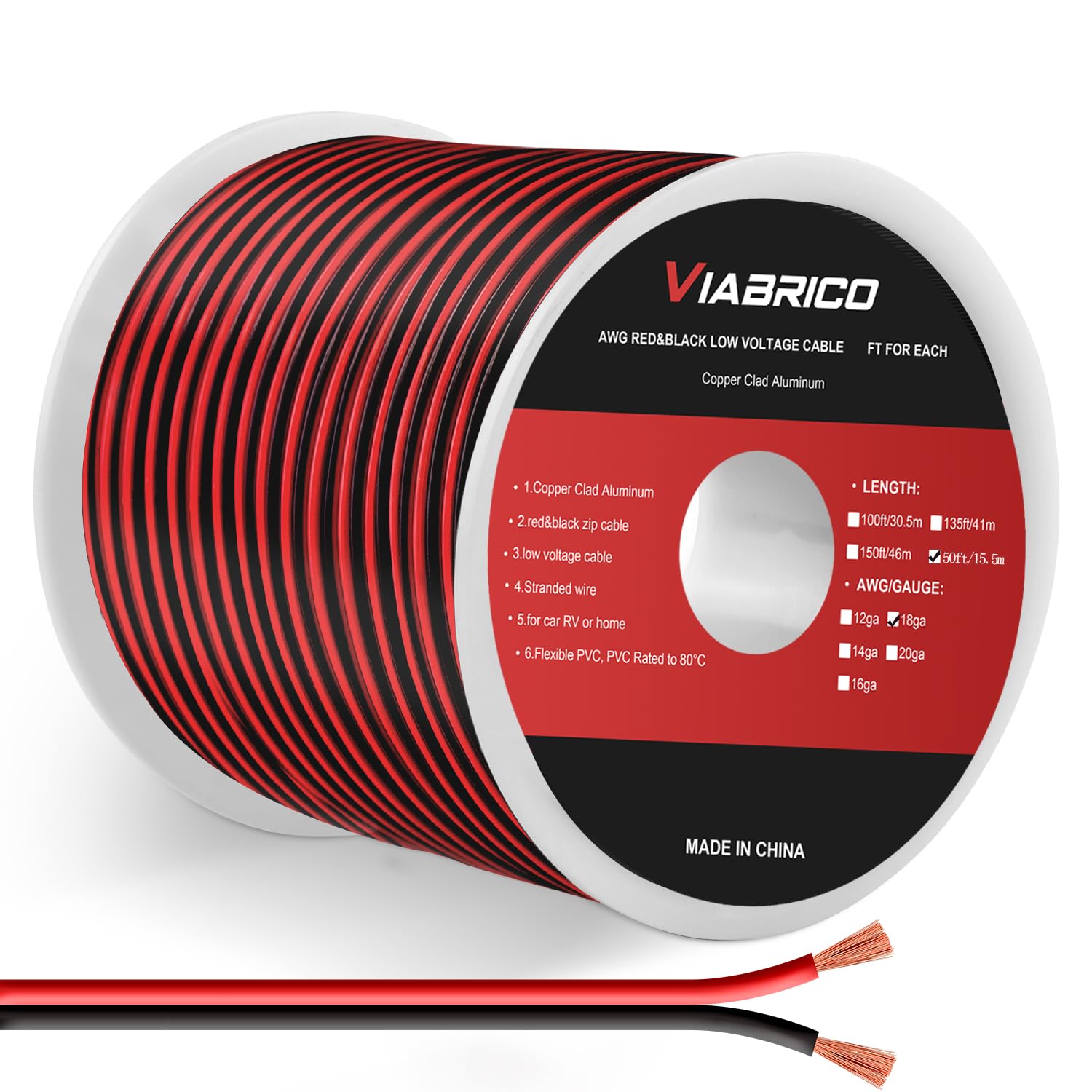 VIABRICO 18AWG 50FT Electrical Wire 2 Conductors Red Black for LED Lighting Strips Flexible Extension Cord 18 Gauge Copper Clad Aluminum Wire 12V/24V DC