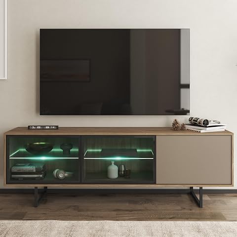 Dmora Mobile Porta TV Irminger 185x40x60h cm Marrone Noce 3 Ripiani 3 Ante, Anta e Ripiani Dettaglio Vetro, con Luci LED