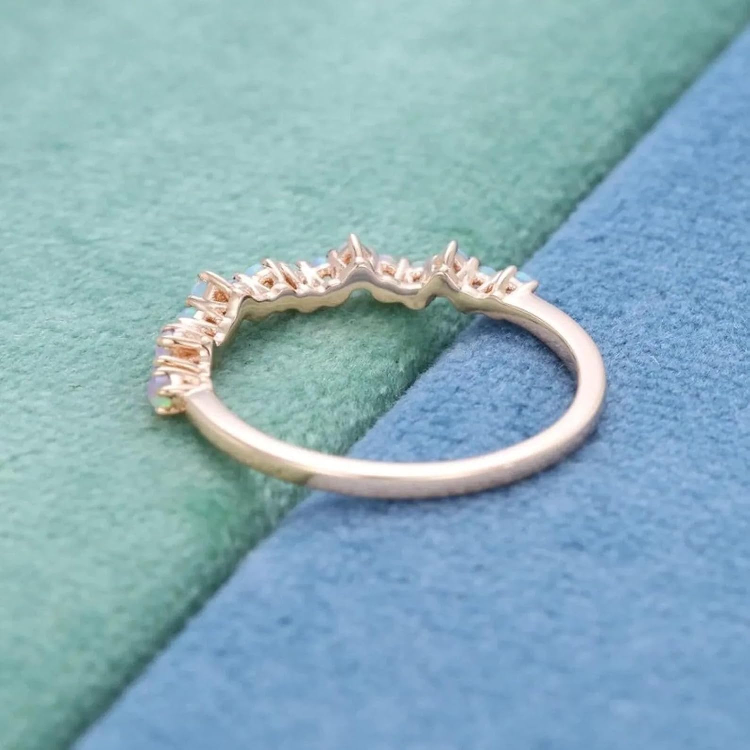 Vintage Opal Wedding Band 10k Rose Gold Half Eternity Ring Dainty October Birthstone Matching Band Promise Jewelry Gift for Her