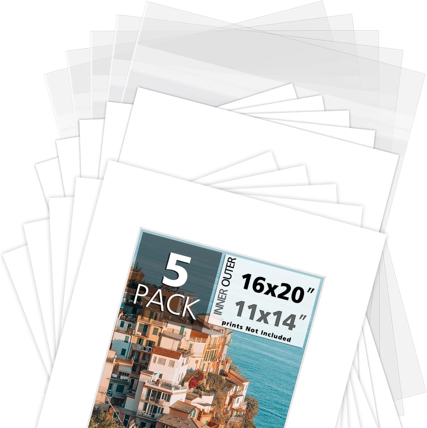 Mat Board Center, Acid-Free Pre-Cut 16x20 Picture Mat Set. Includes a Pack of White Core Bevel Cut Mattes for 11x14 Photos, Backers & Clear Bags (White, 5-Pack)