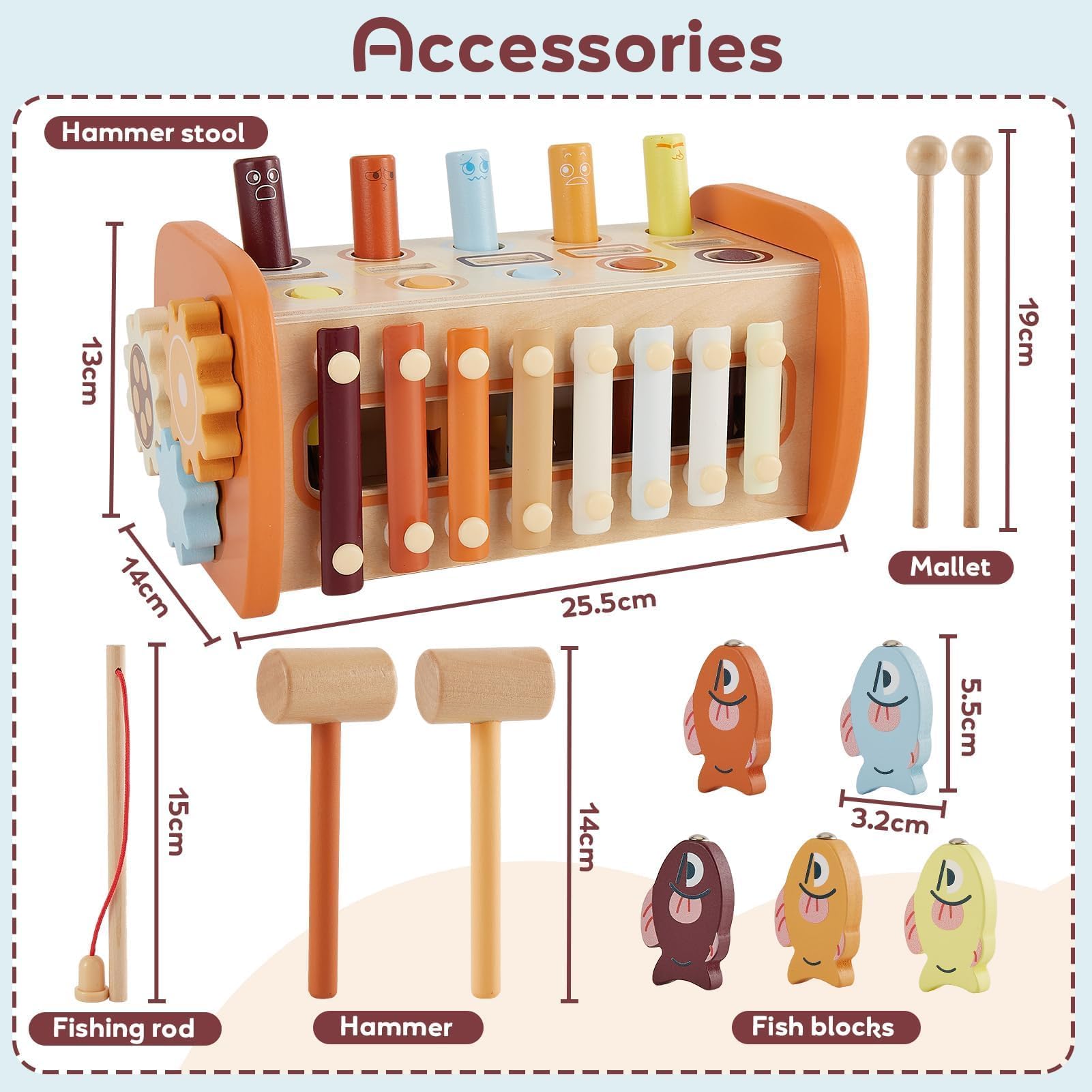 HYAKIDS Montessori Jouets en Bois, 6 en 1 Enfants Banc à Marteler, Jeu Marteau Pêche, Xylophone, Jouet Educatif Précoce pour 18+ Mois Garçons Filles