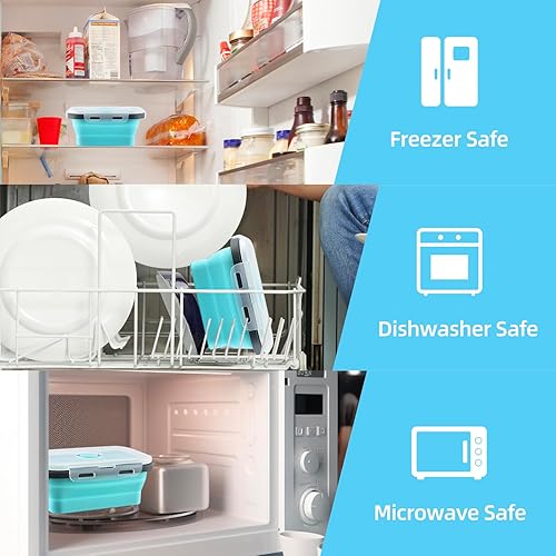 Miniatura 5 de GEMLORD 10 recipientes plegables de almacenamiento de alimentos de silicona con tapas herméticas, 5 piezas rectangulares y 5 cuencos redondos para