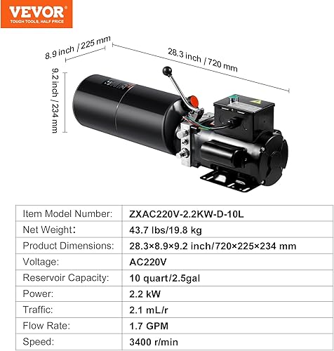 Miniatura 7 de VEVOR Unidad de potencia hidráulica 220V de 10 cuartos para elevador de auto 3HP Bomba hidráulica Bomba de potencia hidráulica monofásica con tanque