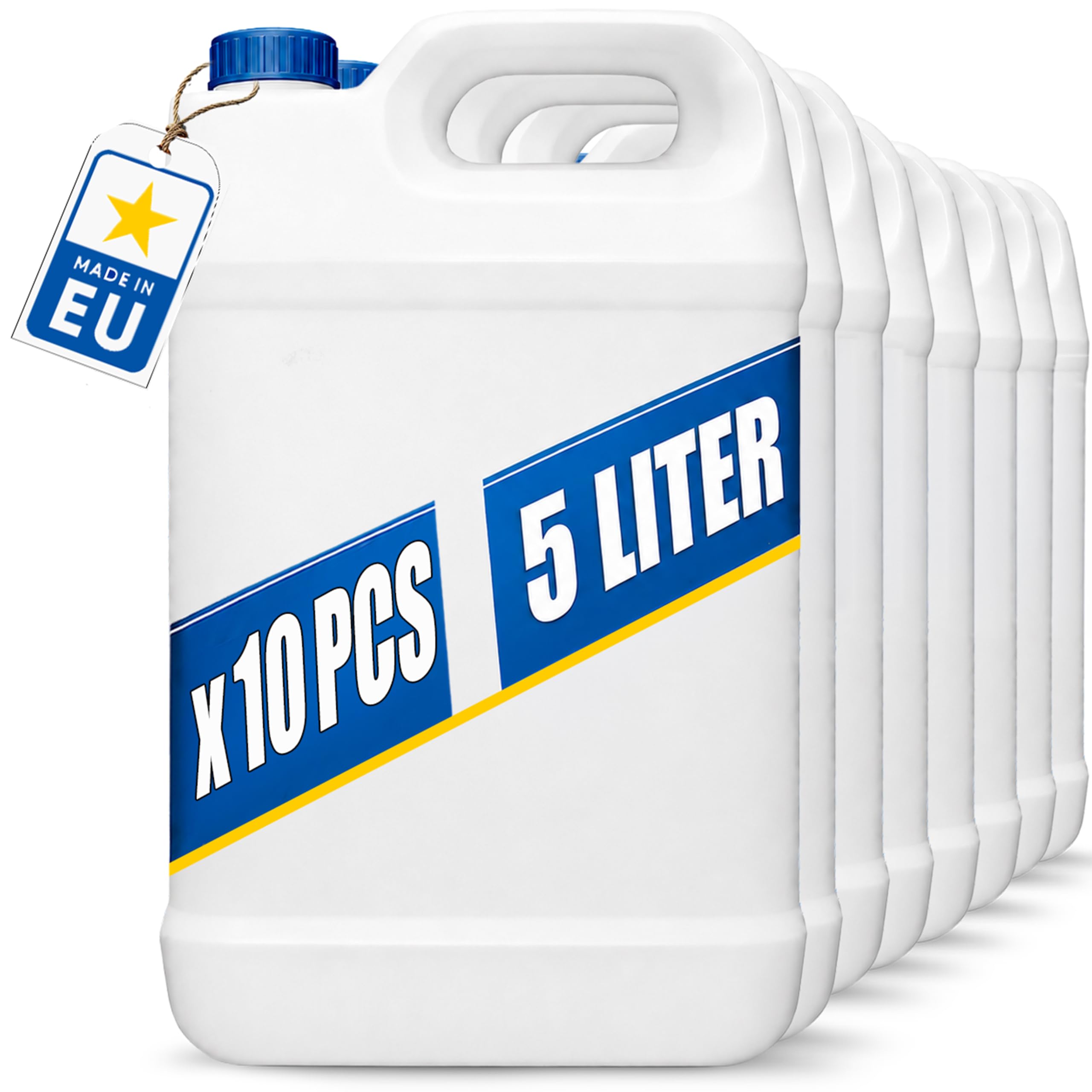 POSH Bidon 10 x 5 l avec bouchon à vis – Récipient transparent en polyéthylène haute densité pour liquides, eau et huile – Étanche et empilable – Lot de bidons en plastique pour la maison, le camping