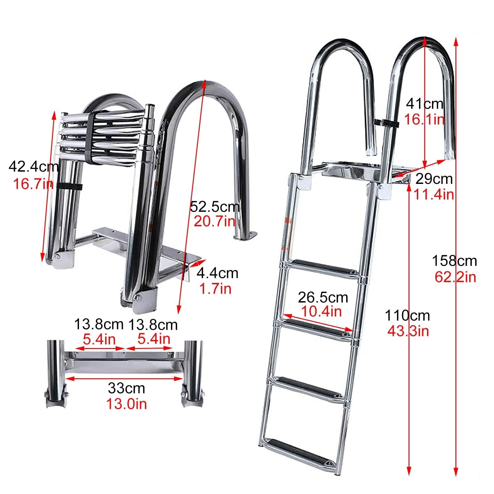 Scaletta per Barche Scaletta Galleggiante Pieghevole Telescopica/Scaletta per Barche, Scalette per Piscina/Yacht/pontone in Acciaio Inossidabile a 4 Gradini, con Corrimano e Gradini Antiscivolo