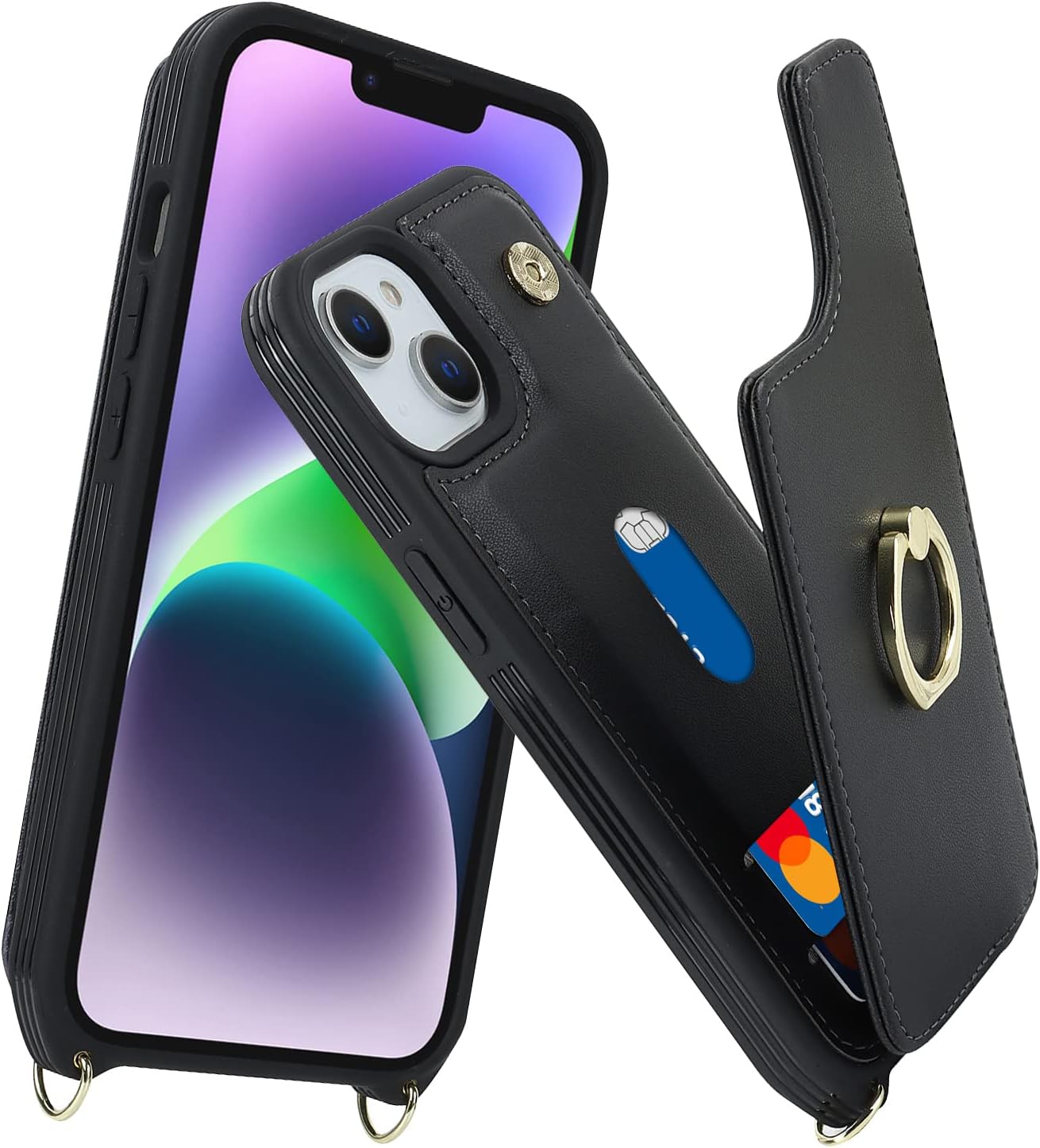 for iPhone 14 Case with Card Holder and Strap for Women,Crossbody Lanyard,Ring Stand,Snap Clasp,Phone Wallet Cases 6.1 inch(Black) - Image 2