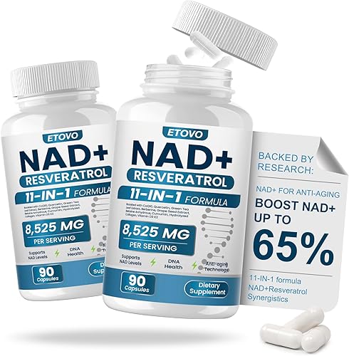 Suplemento NAD+, 8525 mg Liposomal NAD Booster con Resveratrol NAD Plus con Coptisine Quercetina Curcumina Apoya la Salud Celular, la Fuerza Física