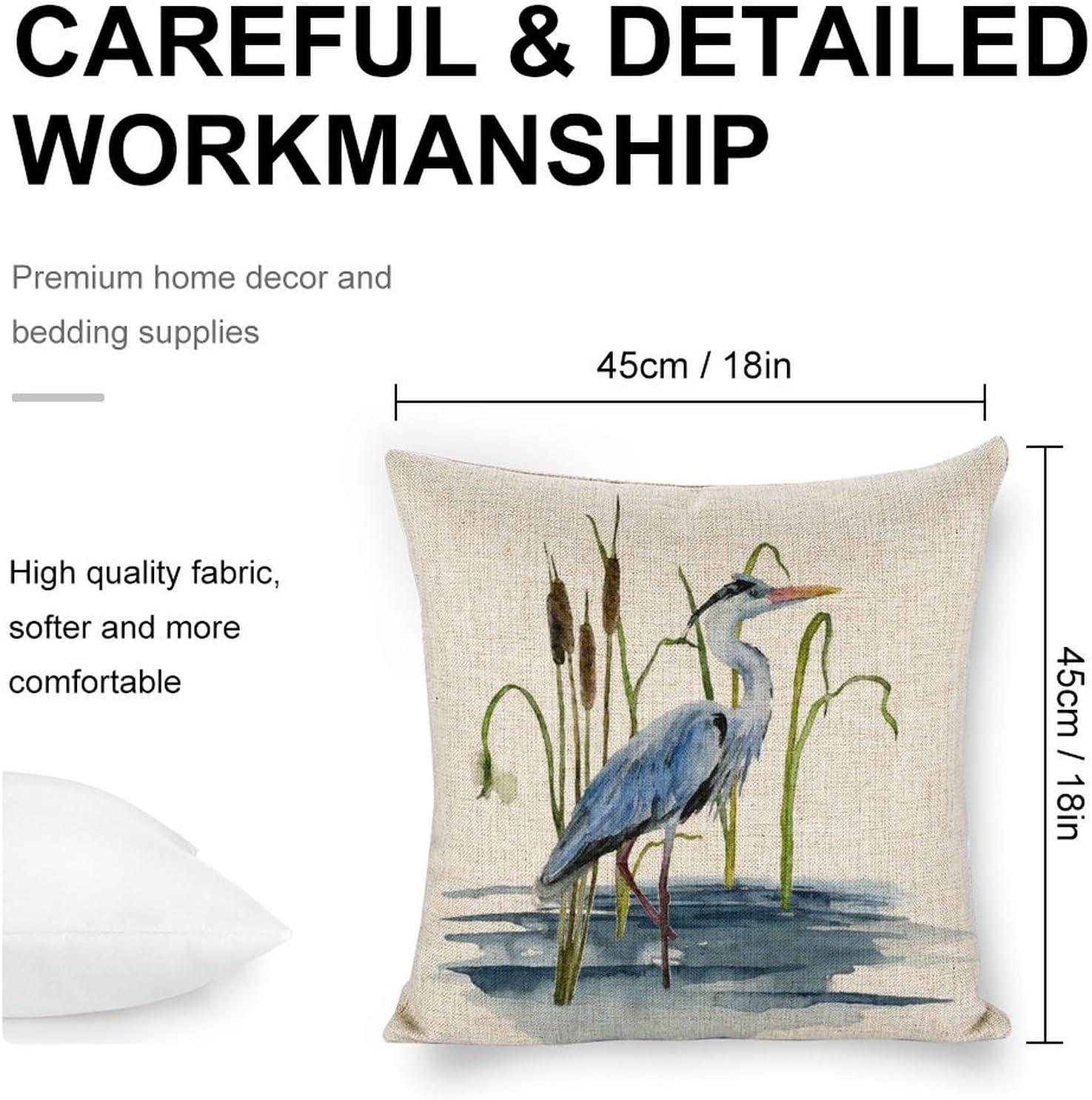 Linen Pillow Cases Standard Size Set of 2 - 18x18 Inch Decorative Cushion Cases with Blue Heron Bird Print - Premium Home Decor Pillow Covers - Couch Pillows for Living Room Indoor Sofa Bed Decors