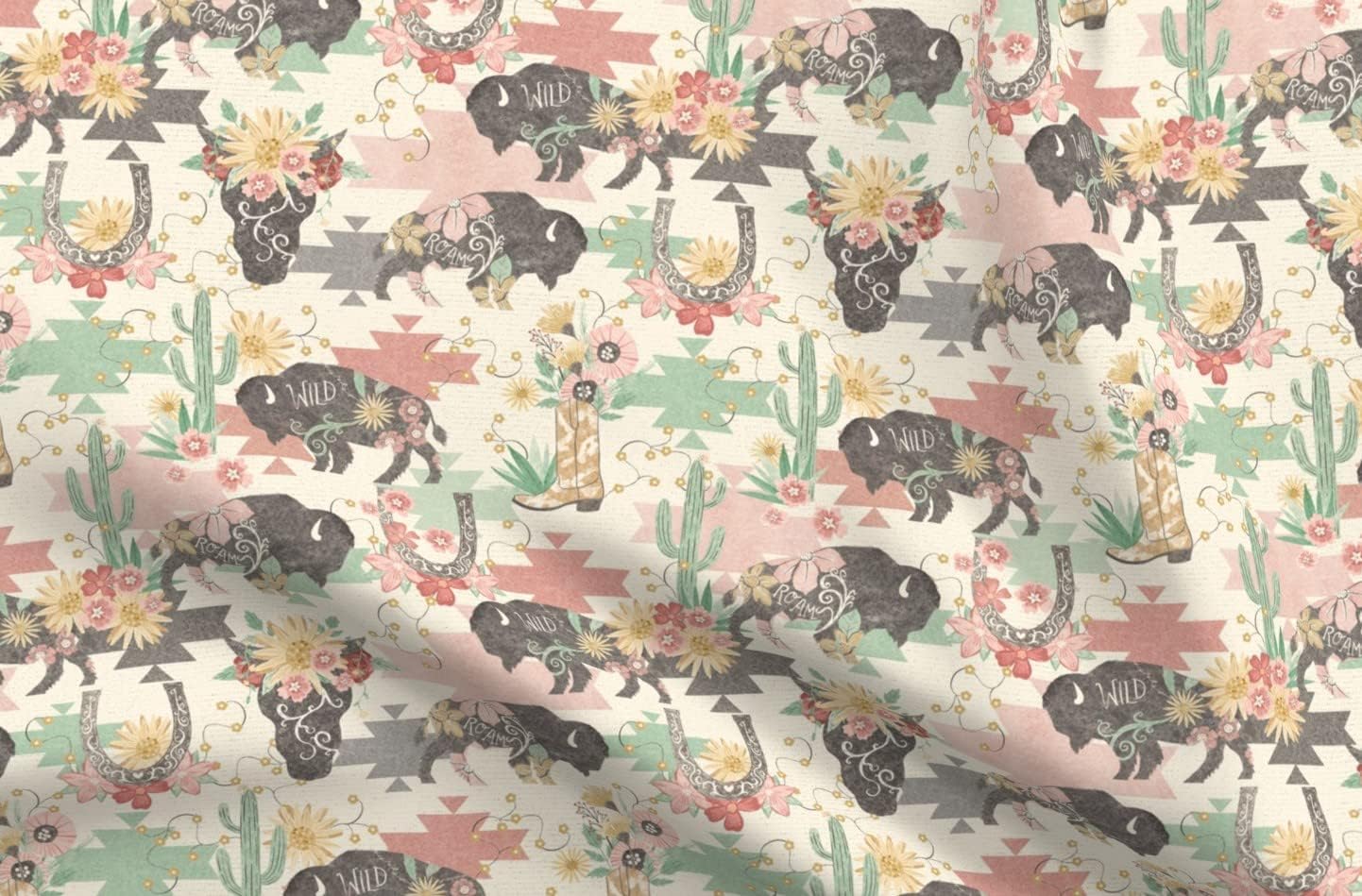 Spoonflower Fabric - Wild Buffalo Skull Sunflower Western Cowboy Tribal Printed on Organic Cotton Sateen Fabric by The Yard - Sewing Quilting Apparel Home Decor