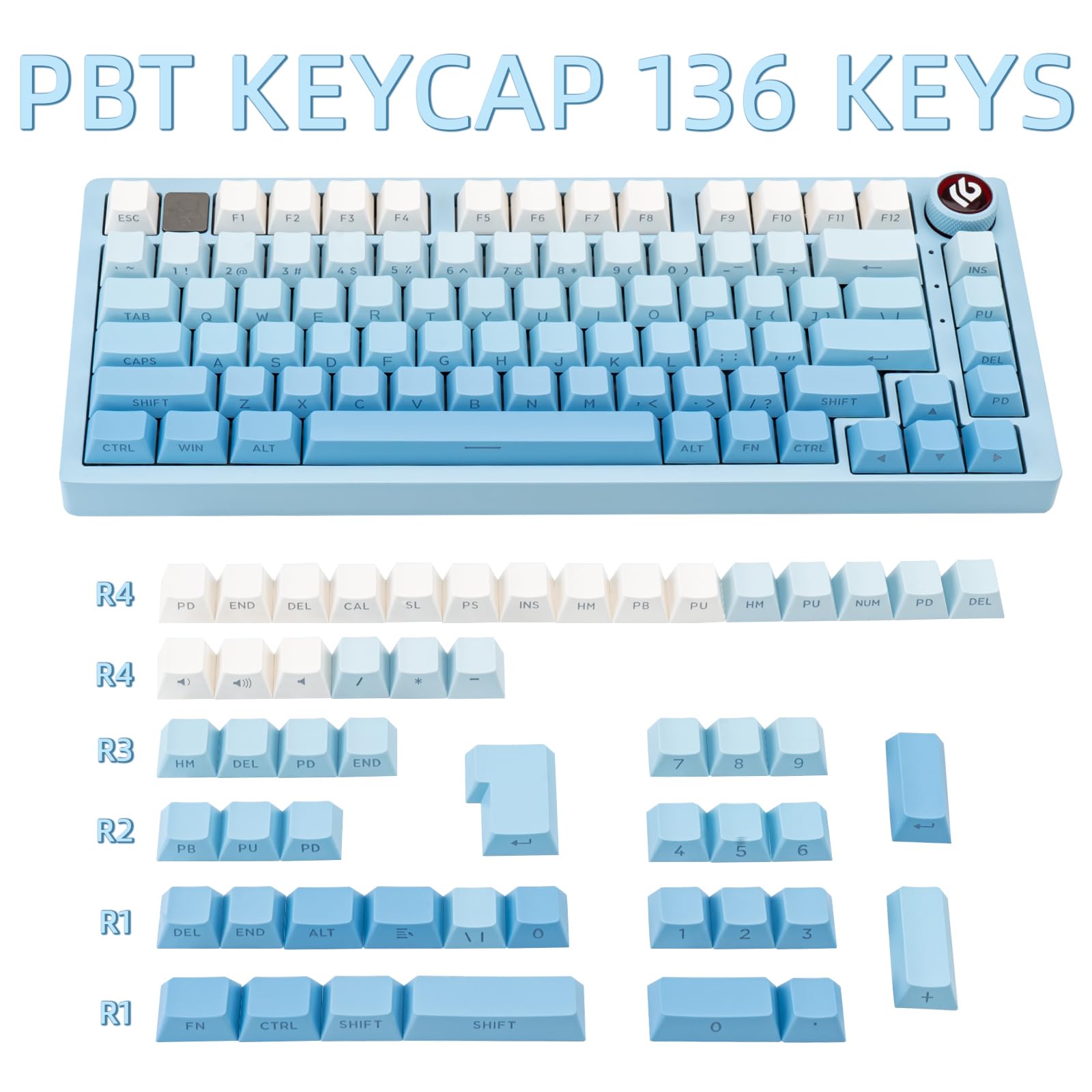 Set De Keycaps PBT Profil MOG 140 Touches – Sublimation Dye, Touches Rondes – Couleurs Jaune, Bleu, Crème – Compatible Claviers Mécaniques ANSI