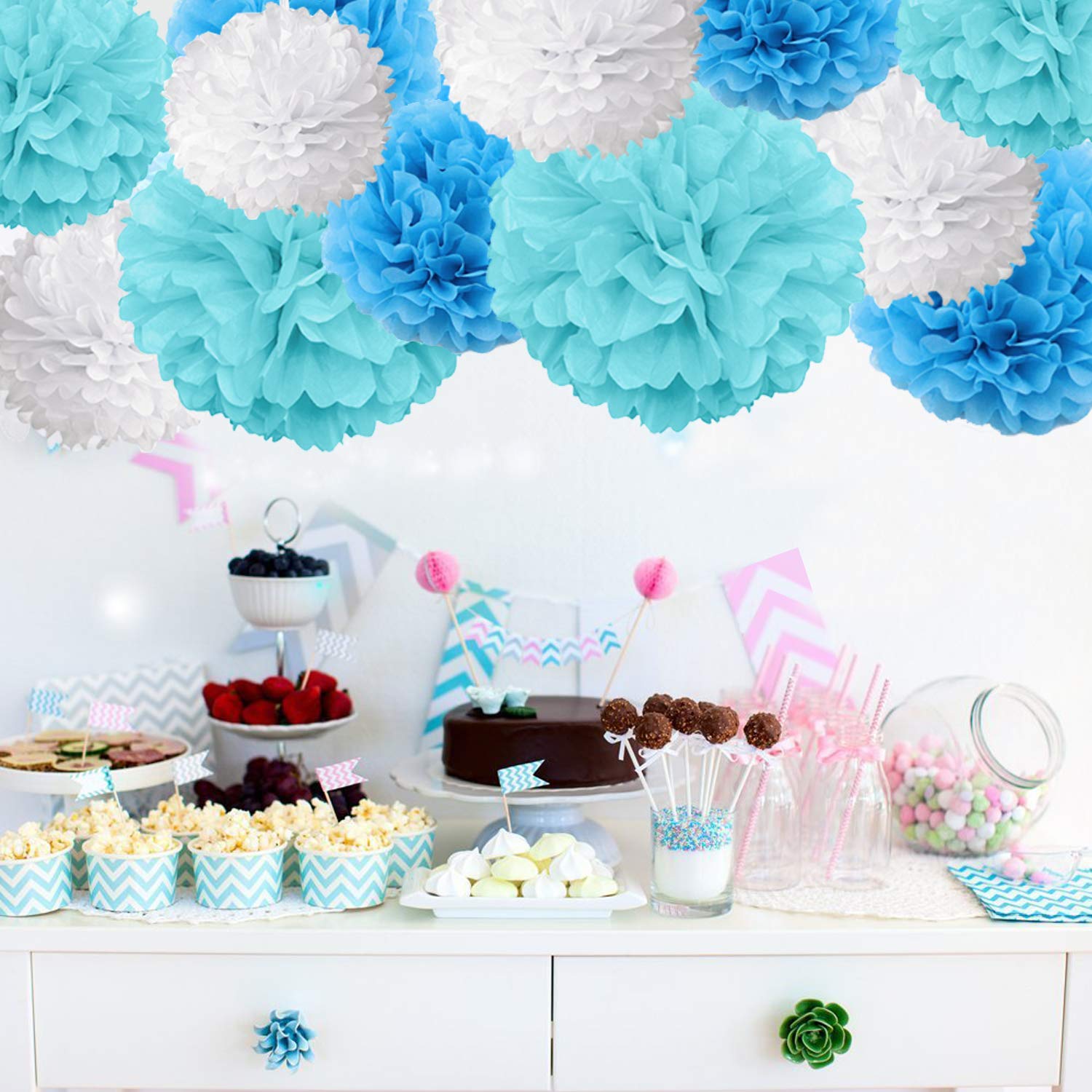 Fyihoxi 13 Pezzi Pompon di Carta Pom Pom Decorativi pompon carta velina festone Battesimo Bimba Pom Pom Decorativi Palla di Fiori di Pompon per Compleanni,Matrimoni,Baby Shower,Addio al Nubilato