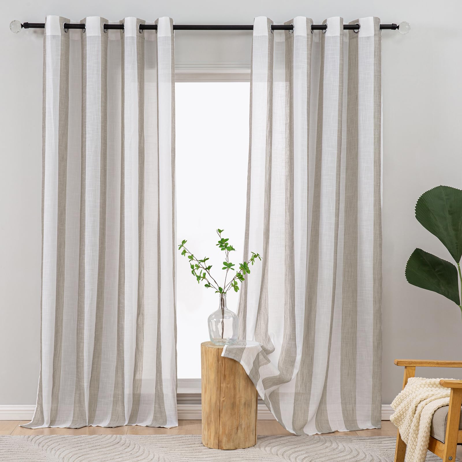 L.Z.E Cortinas Visillo a Rayas Cortas y Modernas, Color Blanco y Beige con Ojales para salón y Dormitorio, Cortinas semitransparentes en Aspecto de Lino, 145 cm de Largo, Moderno, Juego de 2 OEKO-TEX STANDARD 100