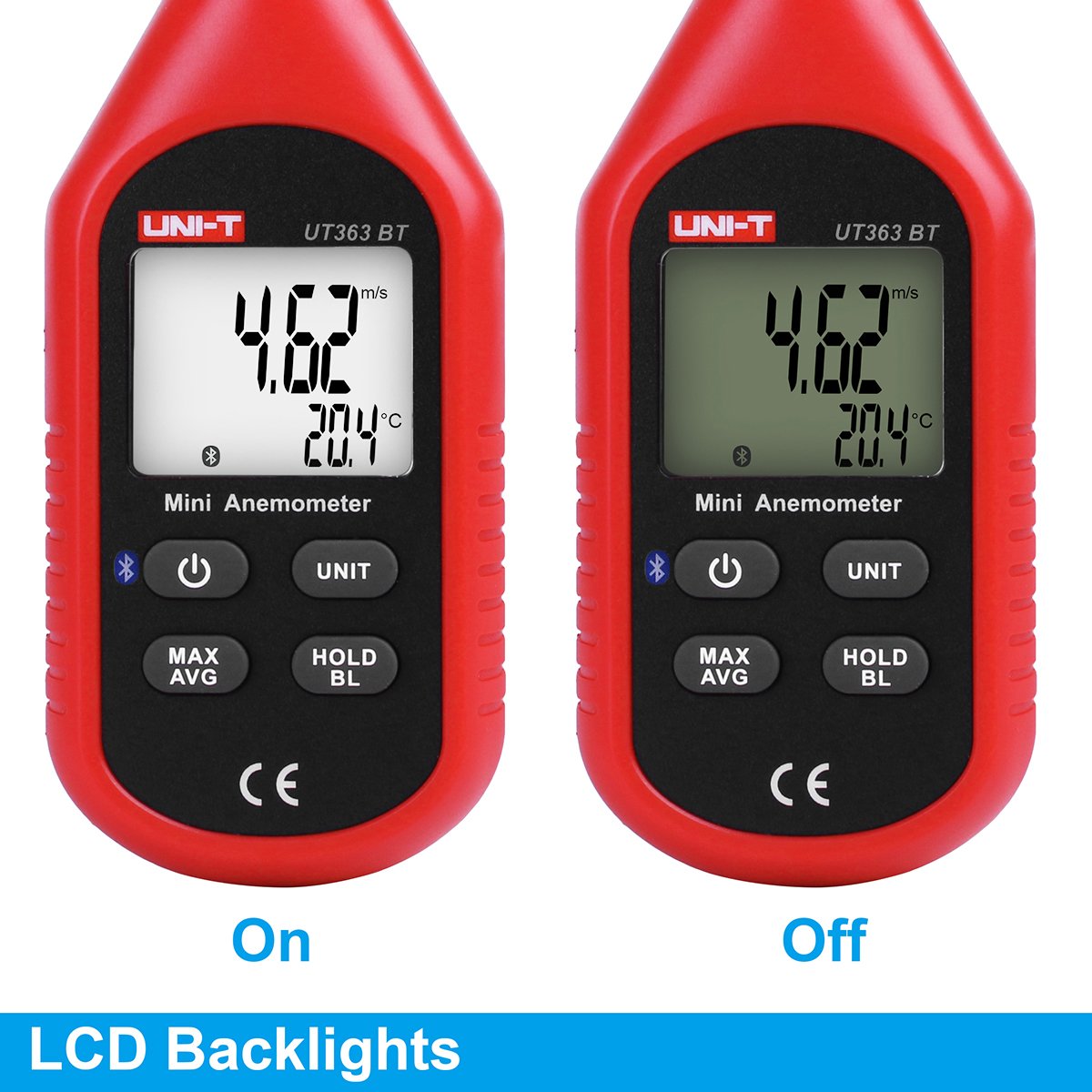 Bluetooth Anémomètre,Uni-T Portable Mini Digital anémomètre avec thermomètre et max/min pour collecte de données Météorologiques et l'extérieur Sports windsurf Sailing avec écran LCD rétroéclairé