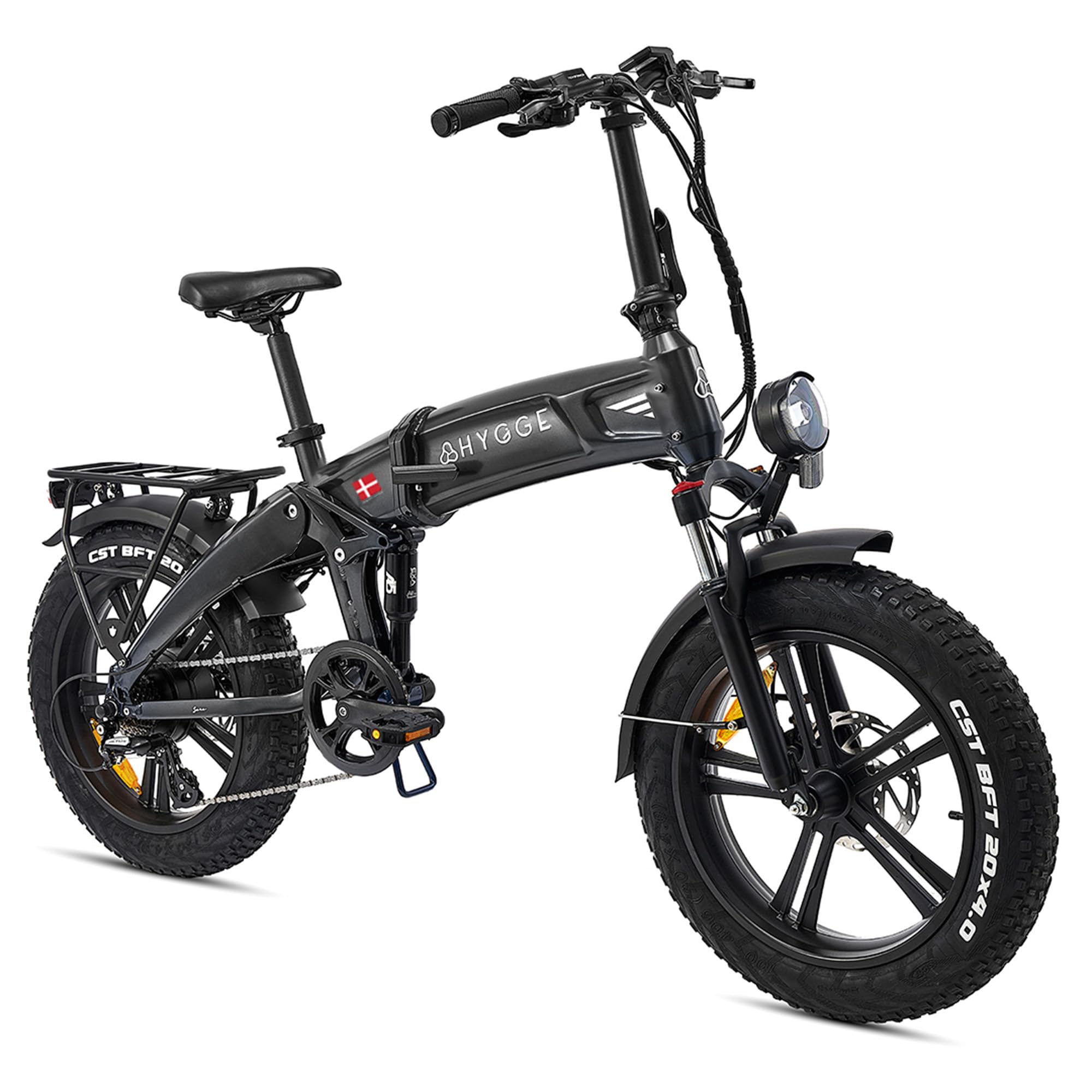 Hygge Bikes Sorø Vélo électrique pliable tout-terrain 50,8 x 10,2 cm, noir obsidienne, 7 vitesses, cadre en aluminium, double suspension, moteur 250 W avec portée de 80 km