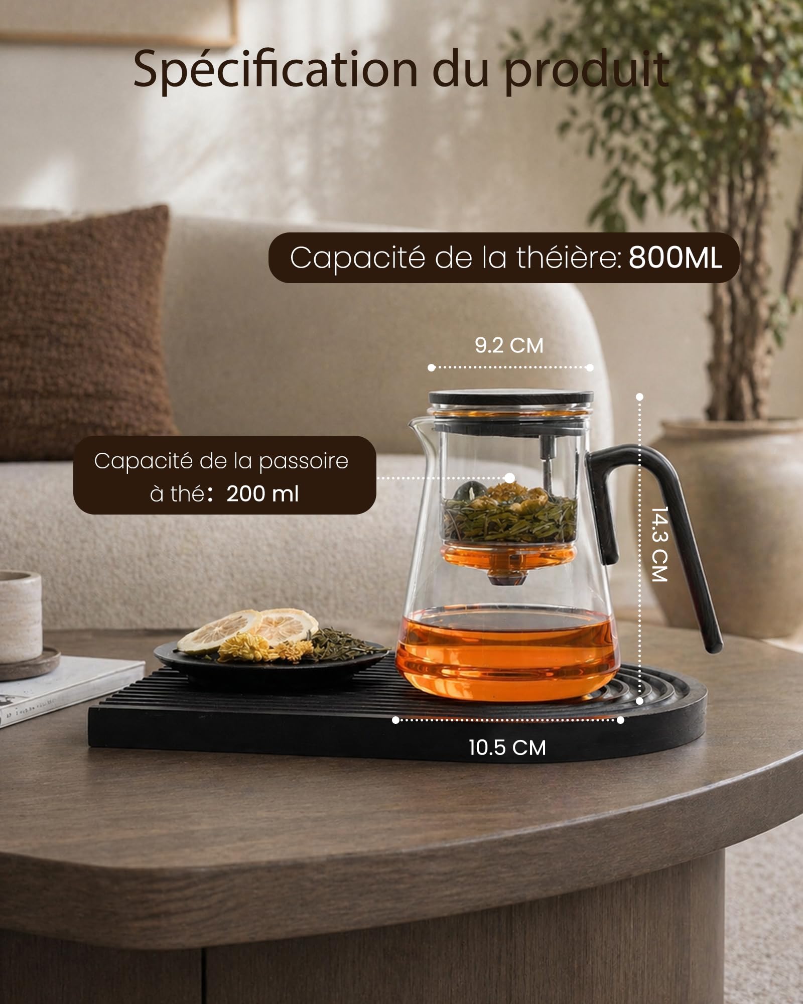 ZENS Theiere con infusore, Magic Teiera in vetro con coperchio magnetico per succhiare tè in foglie o fiori, macchina da tè per gli amanti del tè, motivo noce nero, 800 ml